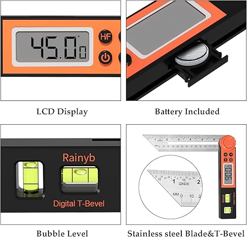 Miniatura 3 de Buscador de ángulo digital transportador de 0 a 360 grados en T y transportador con burbuja vertical horizontal y pantalla LCD completa para