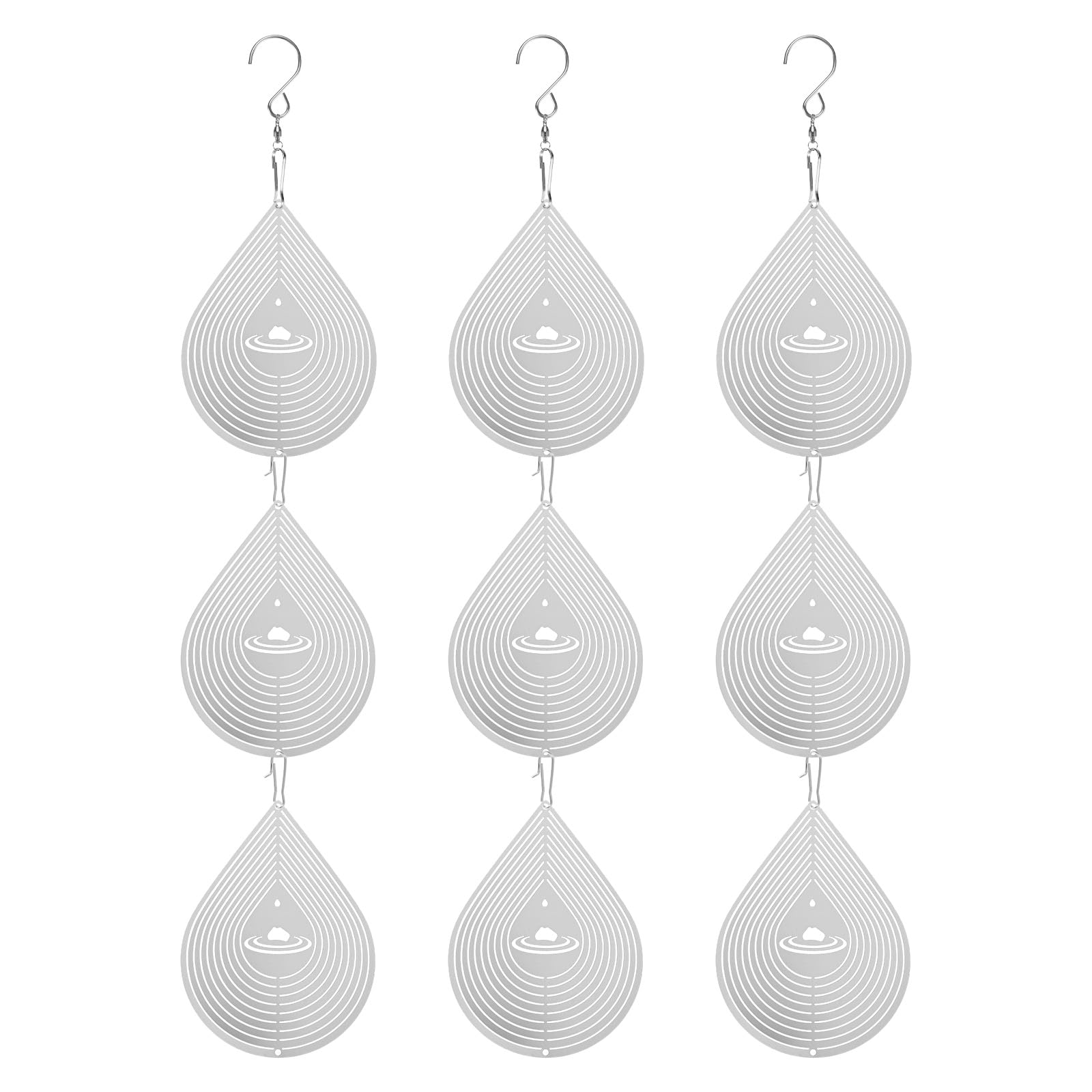 M METERXITY 3-Pack Hanging Wind Spinners, 17.1" 3D Stainless Steel Hanging Reflective Pinwheels for Patio/Yard/Outdoor, Garden Decor Windmill [Silver Tone, Water Droplets]