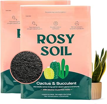 Rosy Soil Cactus & Succulent Potting Mix, 4 Quarts, Pack of 2 | Organic Succulent Potting Soil, Chunky Fast Draining, Peat-Free, Root Boosting Mix, For AloeVera, Cacti, Indoor Succulents