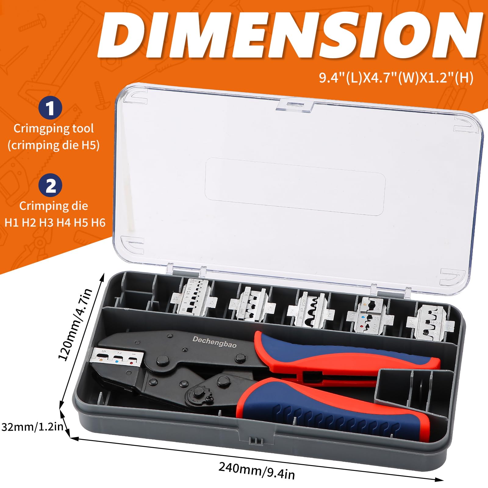 Set di utensili per crimpatura, pinza per cavi a cricchetto, crimpatrice per terminali elettrici con 6 teste per cambio rapido, termorestringente/isolato/nudo/puntali/crimpare a vanga