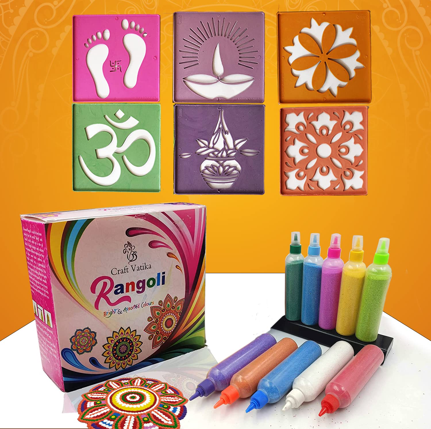 Buy CraftVatika Rangoli Colour Powder Tube Kit with Stencil, Diwali