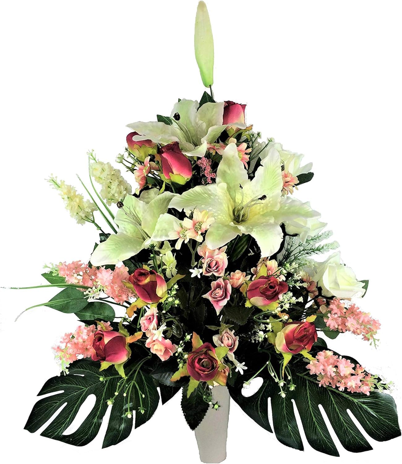 LBA Centro de Flores Artificiales para Cementerio, Preparado para Introducir en los Botes de Tumbas o Nichos. Varios Modelos. (Blanco y Rosa)