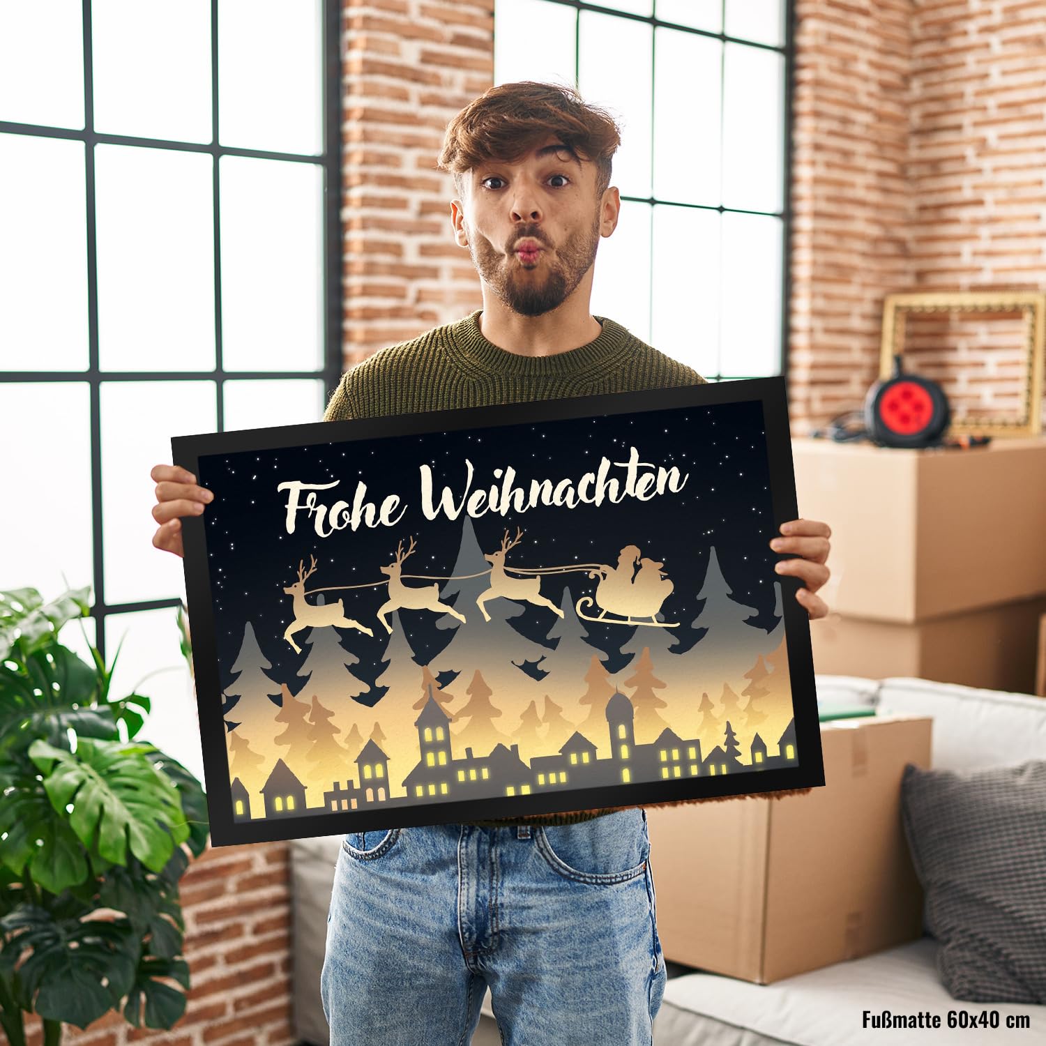 speecheese Frohe Weihnachten Skyline Fußmatte XXL in 50x75 cm Fußabtreter für Weihnachtszeit Advent schöne Weihnachtsdekoration Deko für Hauseingang Winter Vorfreude auf Weihnachten