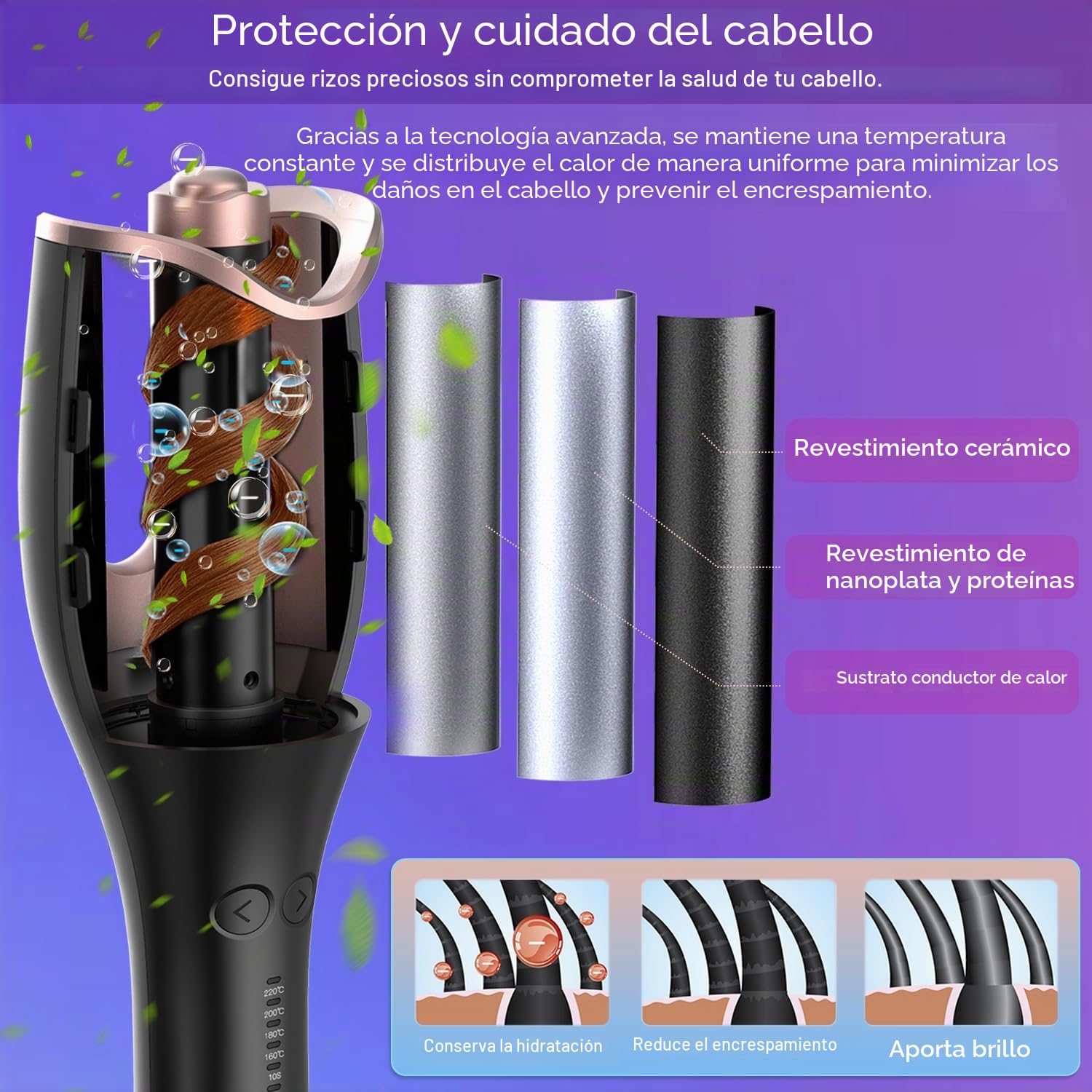 Rizador de Pelo Automatico, Rizador Pelo Ondas, con 4 Niveles de Temperatura Ajustables, 3 Opciones de Tiempo de Calentamiento, Diseño Antiquemaduras, no Daña el Cabello