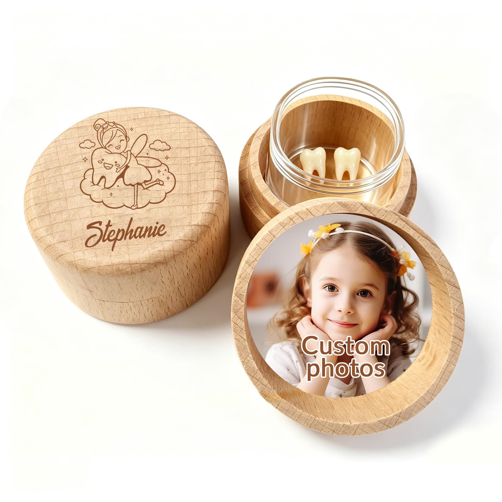 QSZ Personalized Tooth Fairy Box Customizable Engraving Name Icon Custom Wooden Teeth Fairy Keepsake Boxes with Transparent Acrylic Tooth Holder Gift for Boys Girls (Personalized Photo Tooth Box)