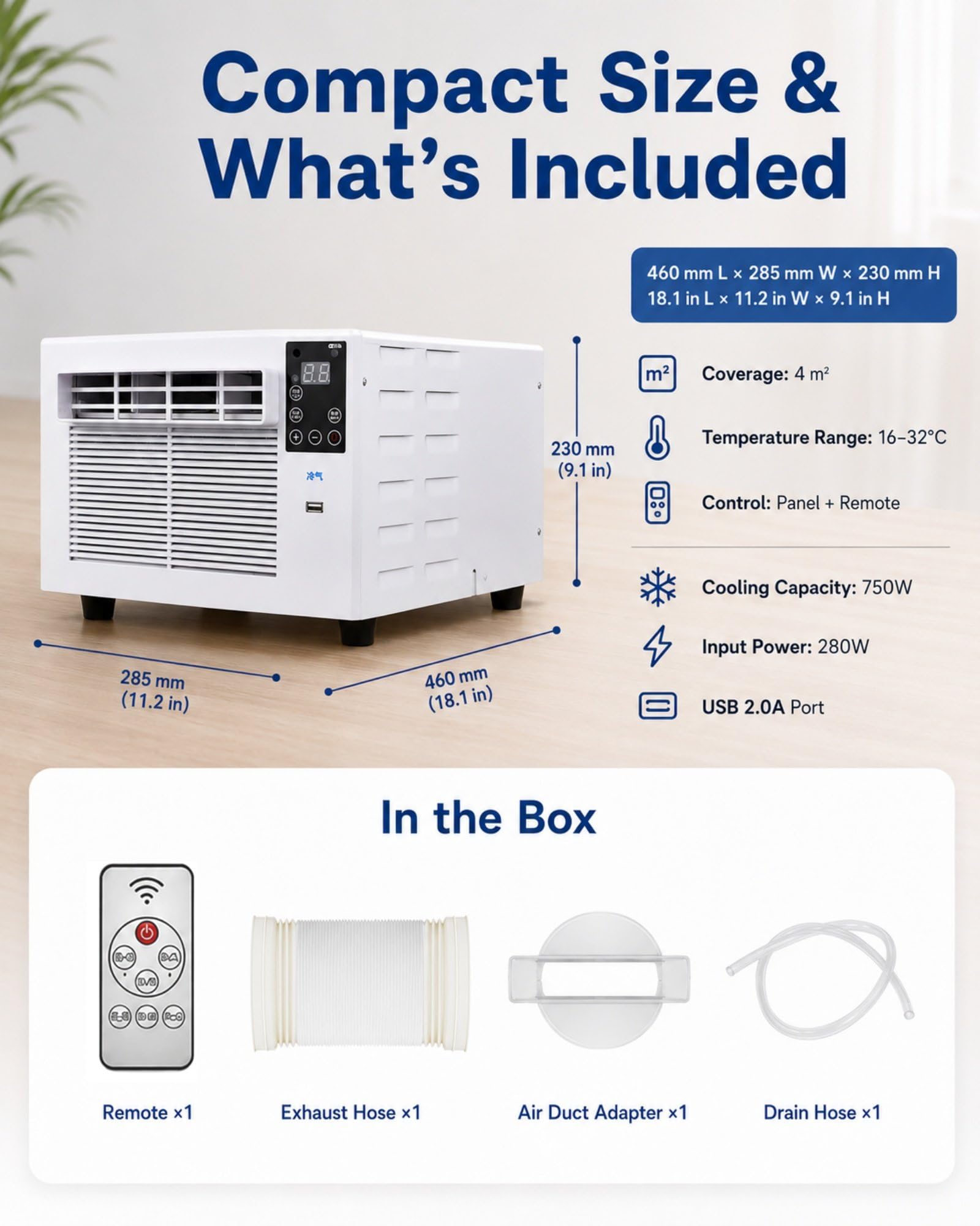 Aire Acondicionado Portátil 750W para 4m² con Tubo de Salida, Dormitorios, Oficinas, Estudios | Ruido De 24–35db, Temporizador 1–12h, Control Remoto, Modos FríO Seco VentilacióN