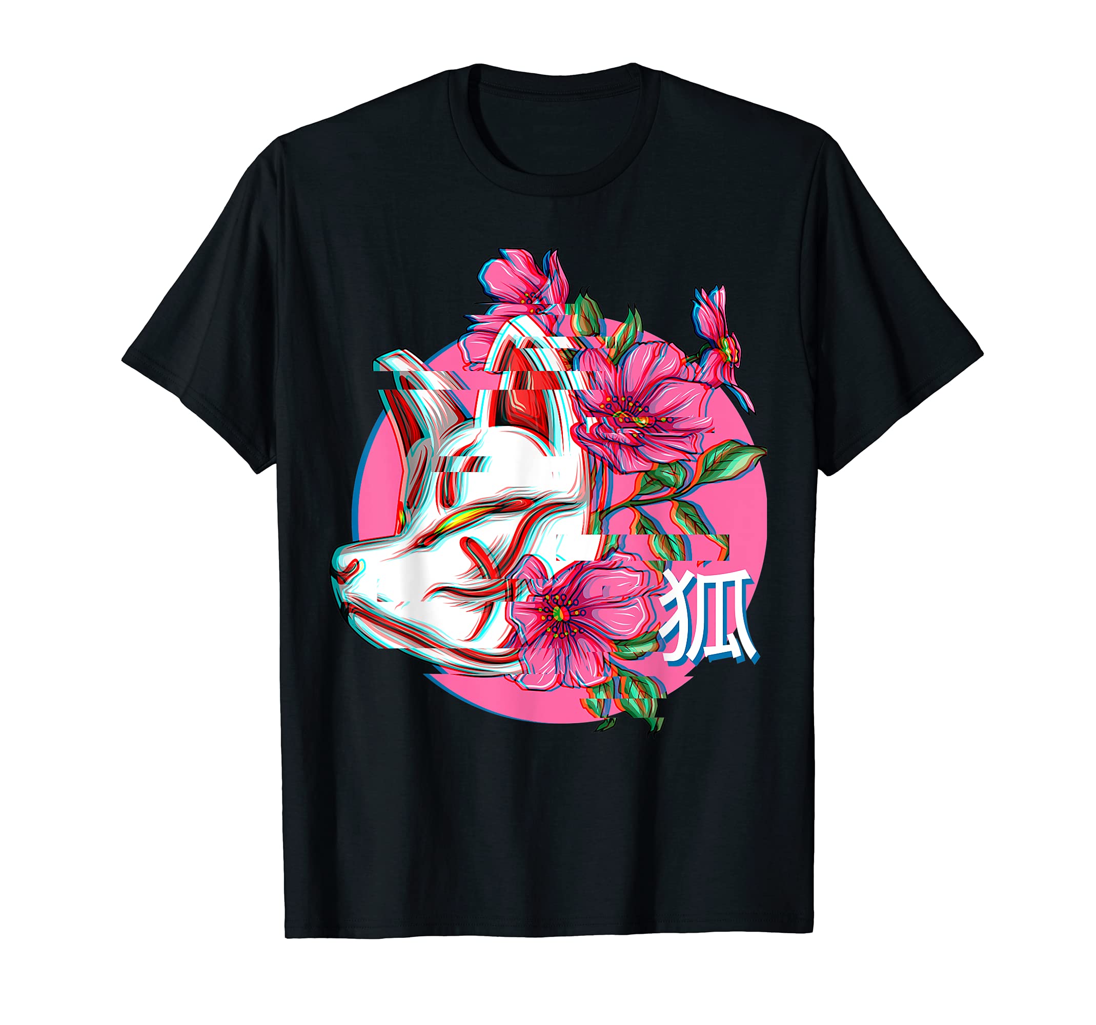 Glitch Kitsune Aesthetic Kirschblüte GeschenkJapan Anime Mask Kitsune Soraka Flowers Vaporwave T-Shirt