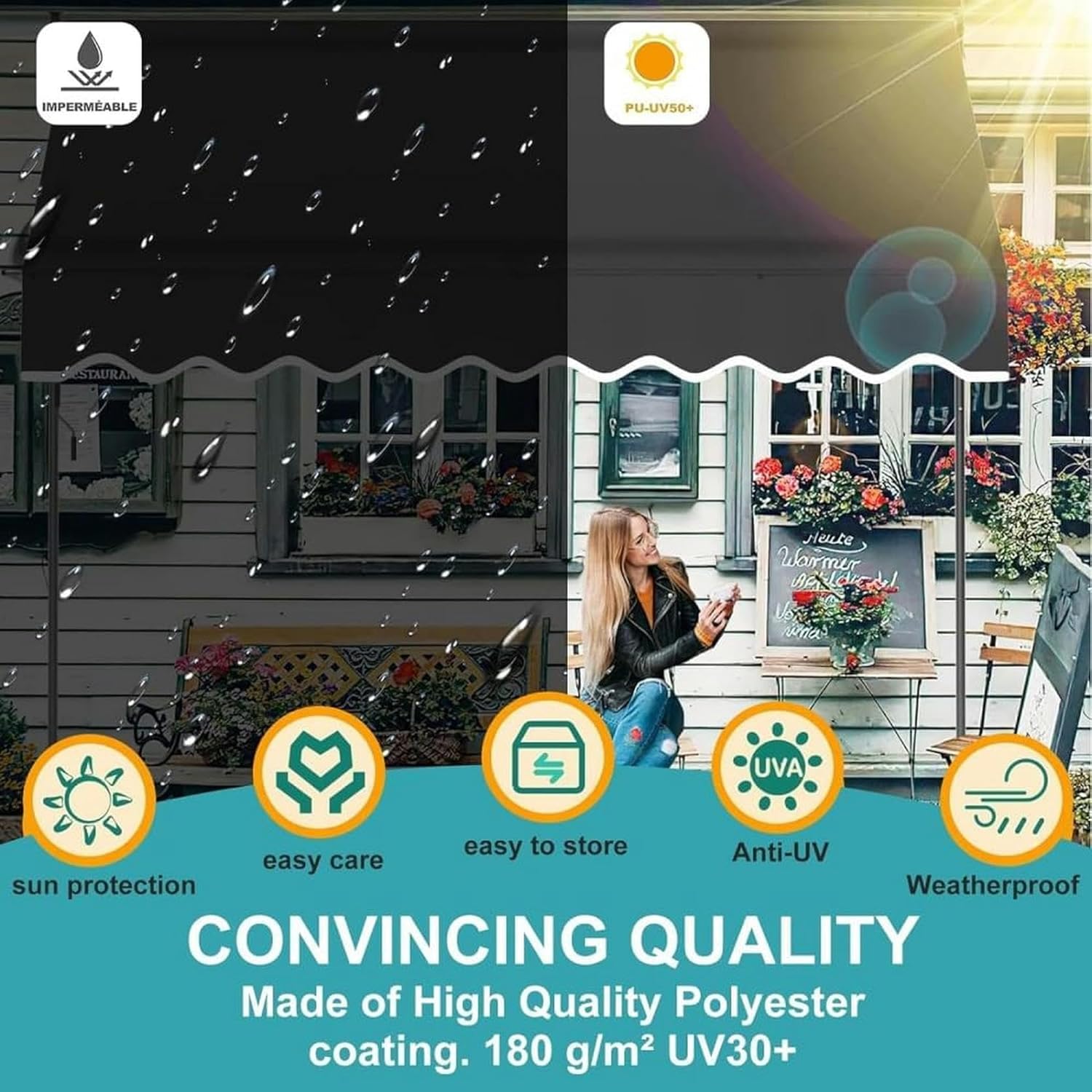 AMNOOL Warning Spare Parts Fabric, Retractile Awning Patio Replacement Canvas Shadow Ward, 3.5m/137.8in, Gray+white