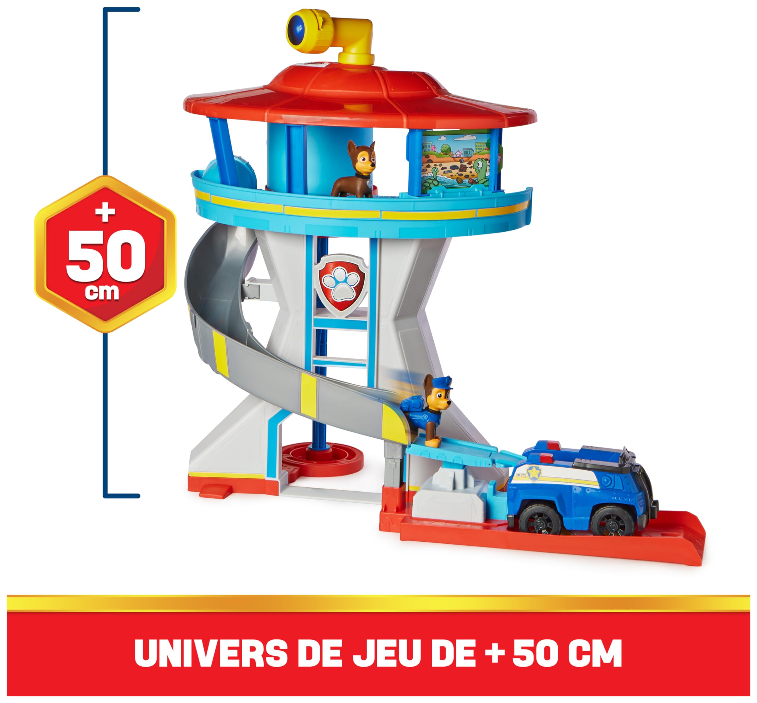 Paw Patrol - Pat Patrouille - Tour de Contrôle 50 Cm - avec Périscope, Missions, Toboggan, 7 Cartes 1 Véhicule Et 2 Figurines Chase - Pat Patrouille Jouet - Voiture Enfant - Jouet Enfant 3 Ans Et +