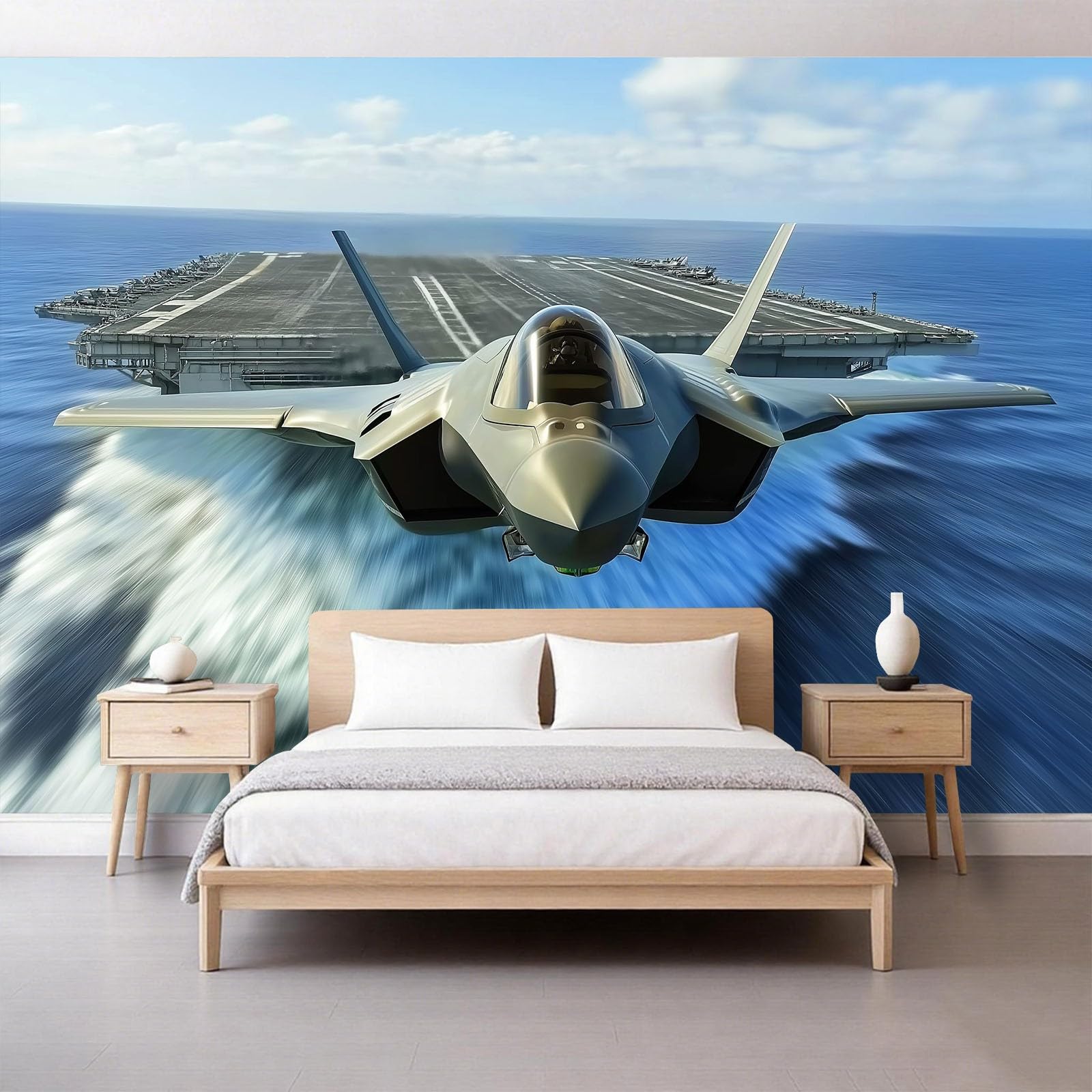 Générique 250 x 175 cm Tapeta z nadrukiem 3D Samoloty myśliwskie Drzwi Samoloty Nowoczesna panoramiczna tkanina z włókniny, dekoracja ścienna, ekologiczna, do salonu sypialni, jasnoniebieski