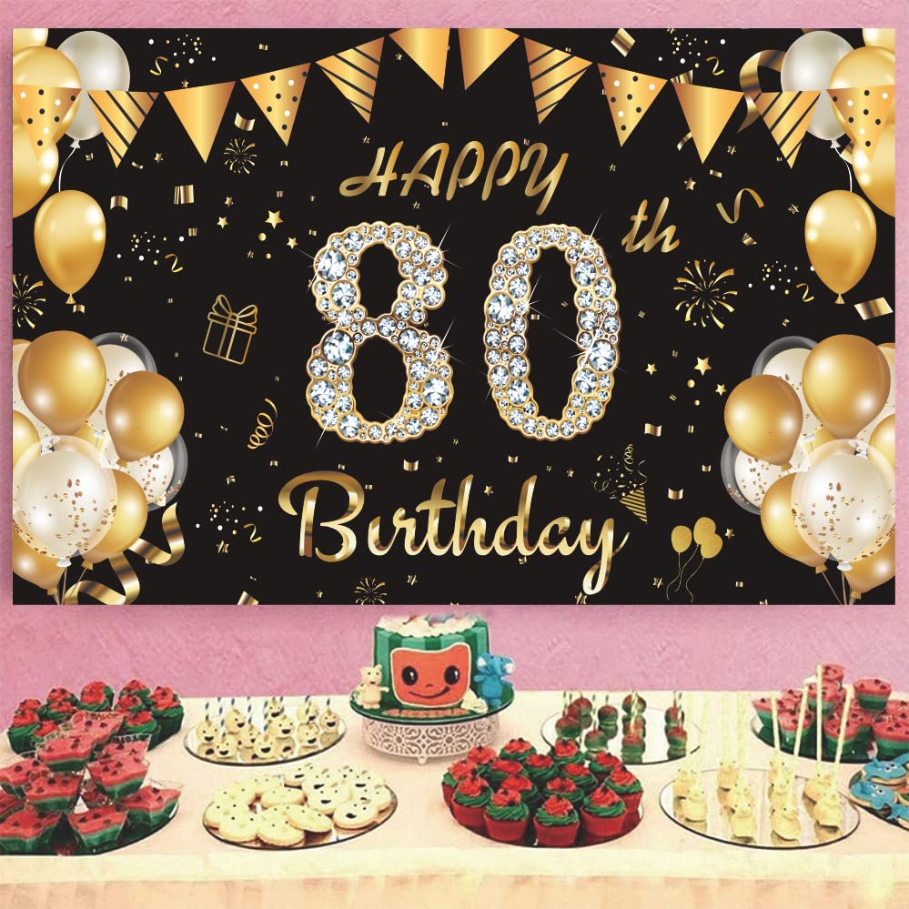 Happy 80th Birthday Backdrop Banner - Black & Gold Decor, 71x45 Inch, For Photo Booth & Party Decor