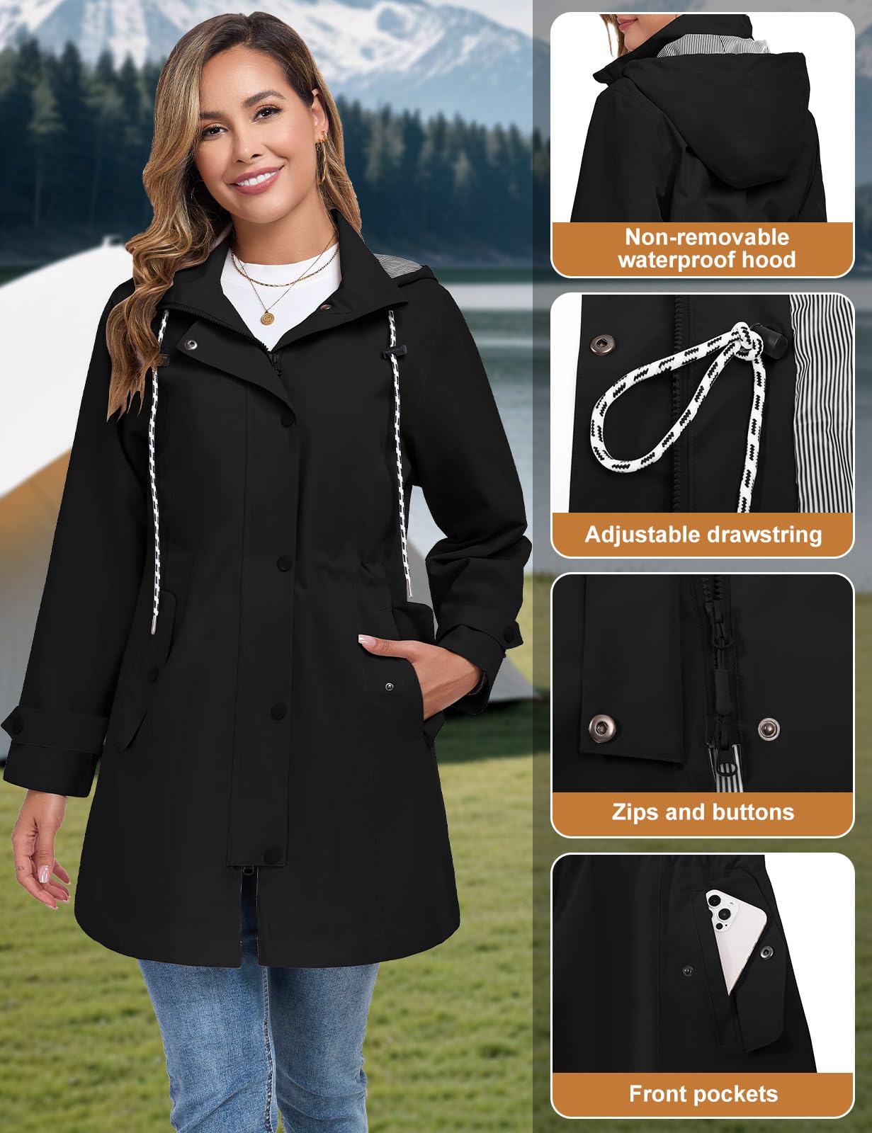 CMTOP Chubasquero Mujer Impermeable Largo Chaqueta con Capucha Al Aire Libre de Viento de Lluvia Abrigos Ligera Encapuchado Cortavientos Plegable Transpirable Cremallera Raincoat