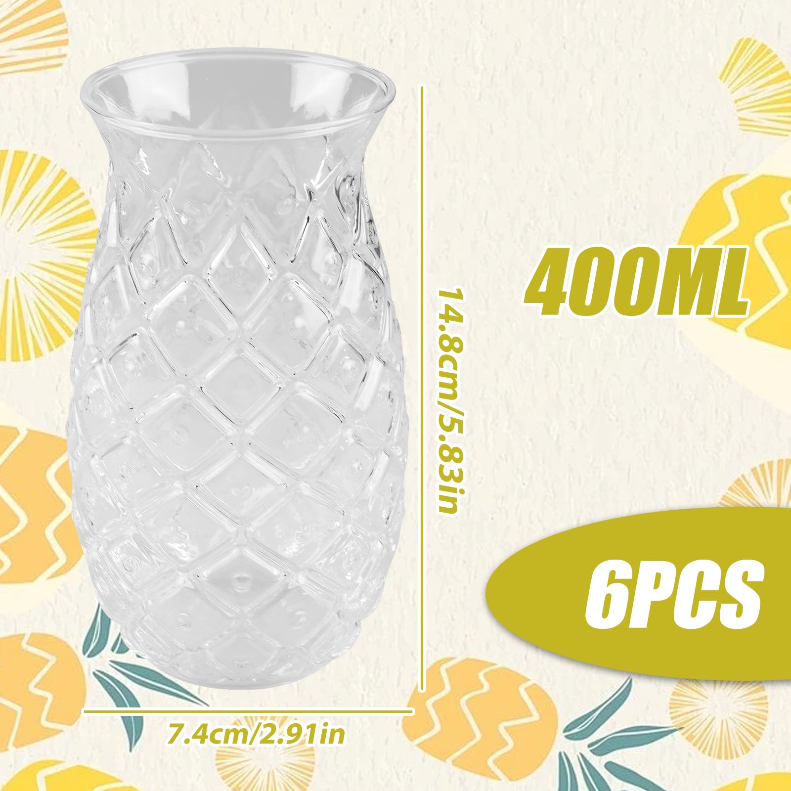 Set di 6 bicchieri di ananas: 400 ml, trasparenti da cocktail con rilievo di ananas, riutilizzabili, bicchieri per feste, succo di frutta, long drink a forma di ananas, perfetti per casa