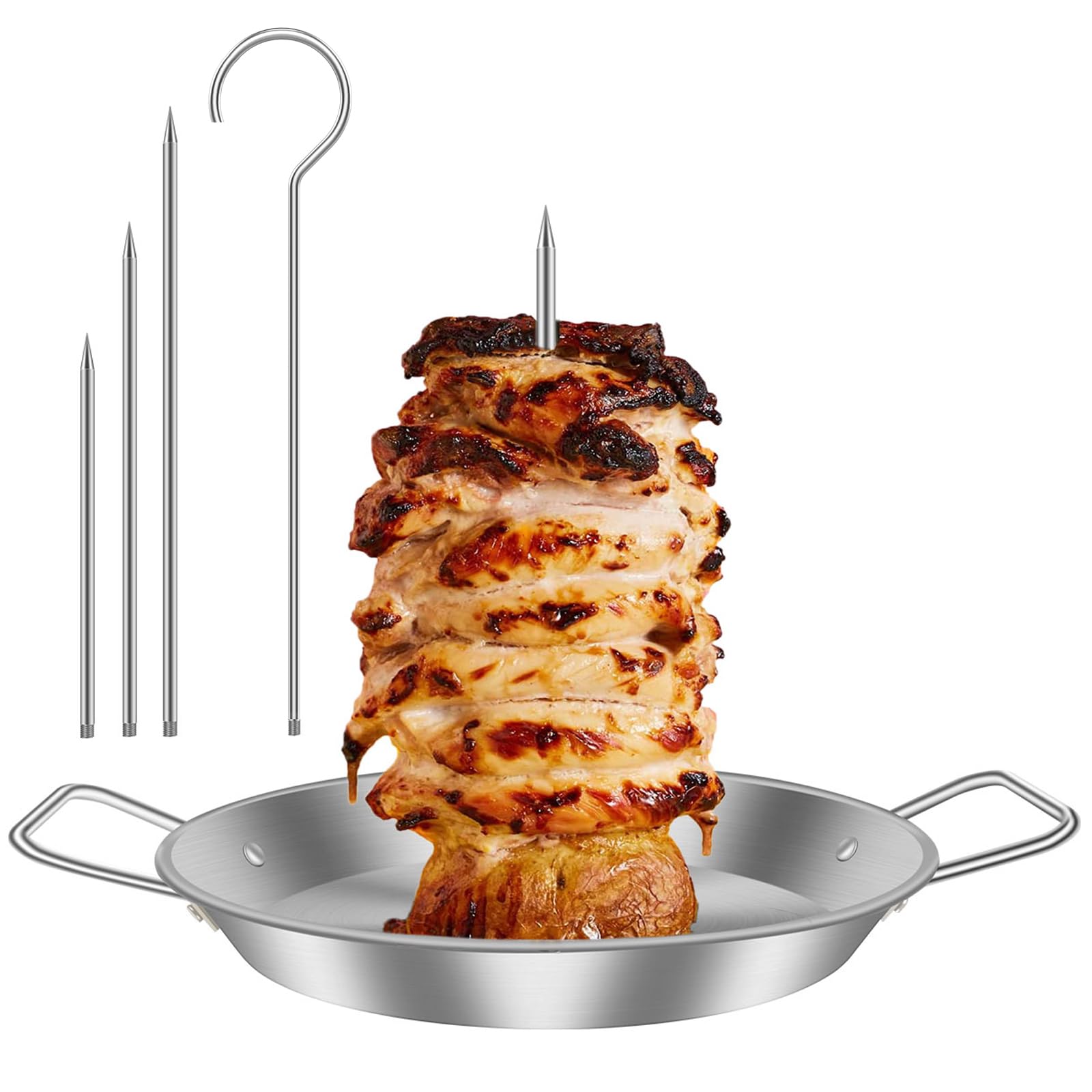 Gatphy Vertical Meat Skewer with 3 Replacement Spikes, Stainless Steel Vertical Skewer Grill with Hanger Barbecue Grilling Rack Barbecue Kebab Spike for BBQ Oven Chicken Steak Meat (Spikes & Hanger)