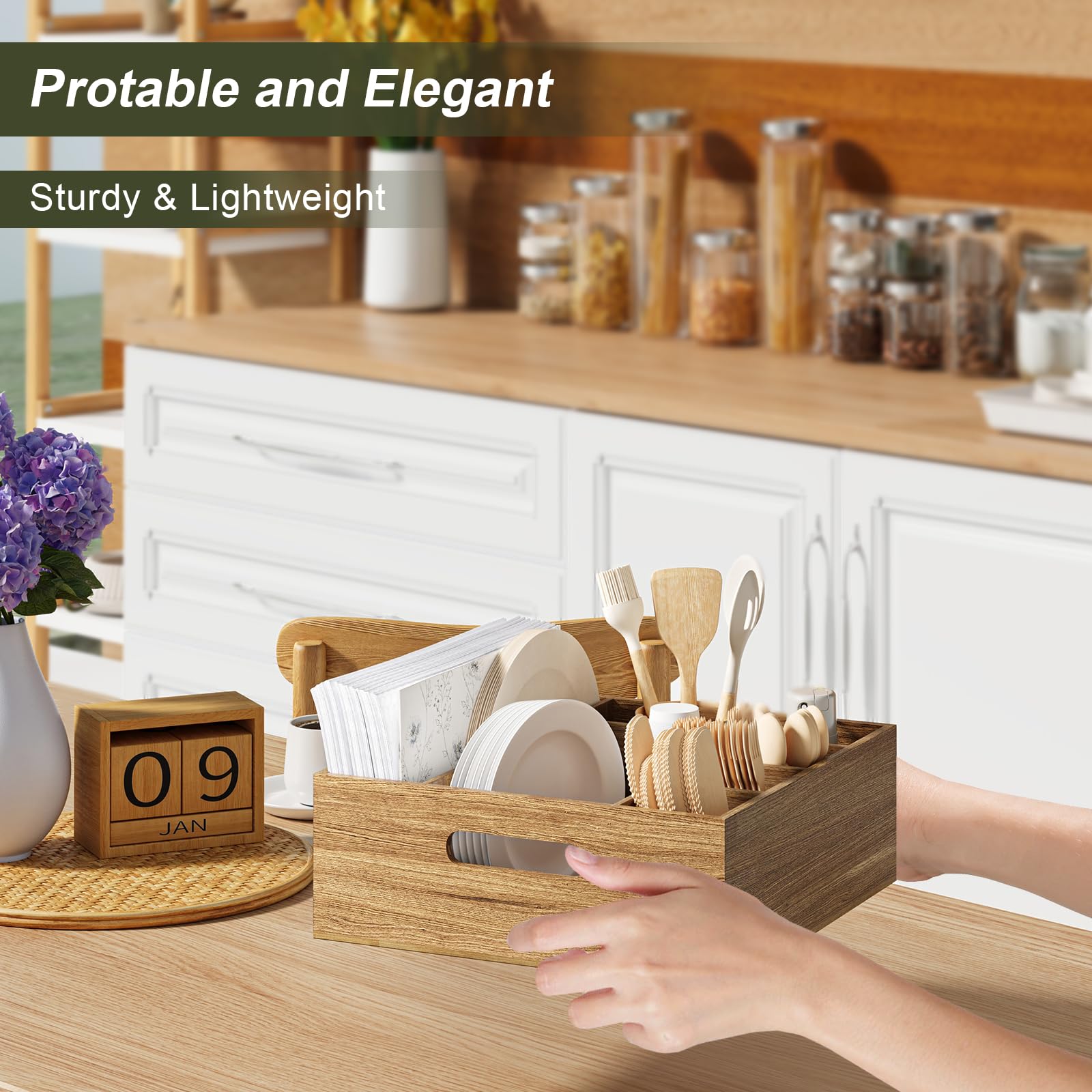 Acacia Wood Utensil Holder for Party, Paper Plate and Utensil Holder Caddy for Countertop, Kitchen Silverware Organizer Dispenser for Spoon, Napkin, Cup, Cutlery Holders for Outdoor, Camping, Picnic