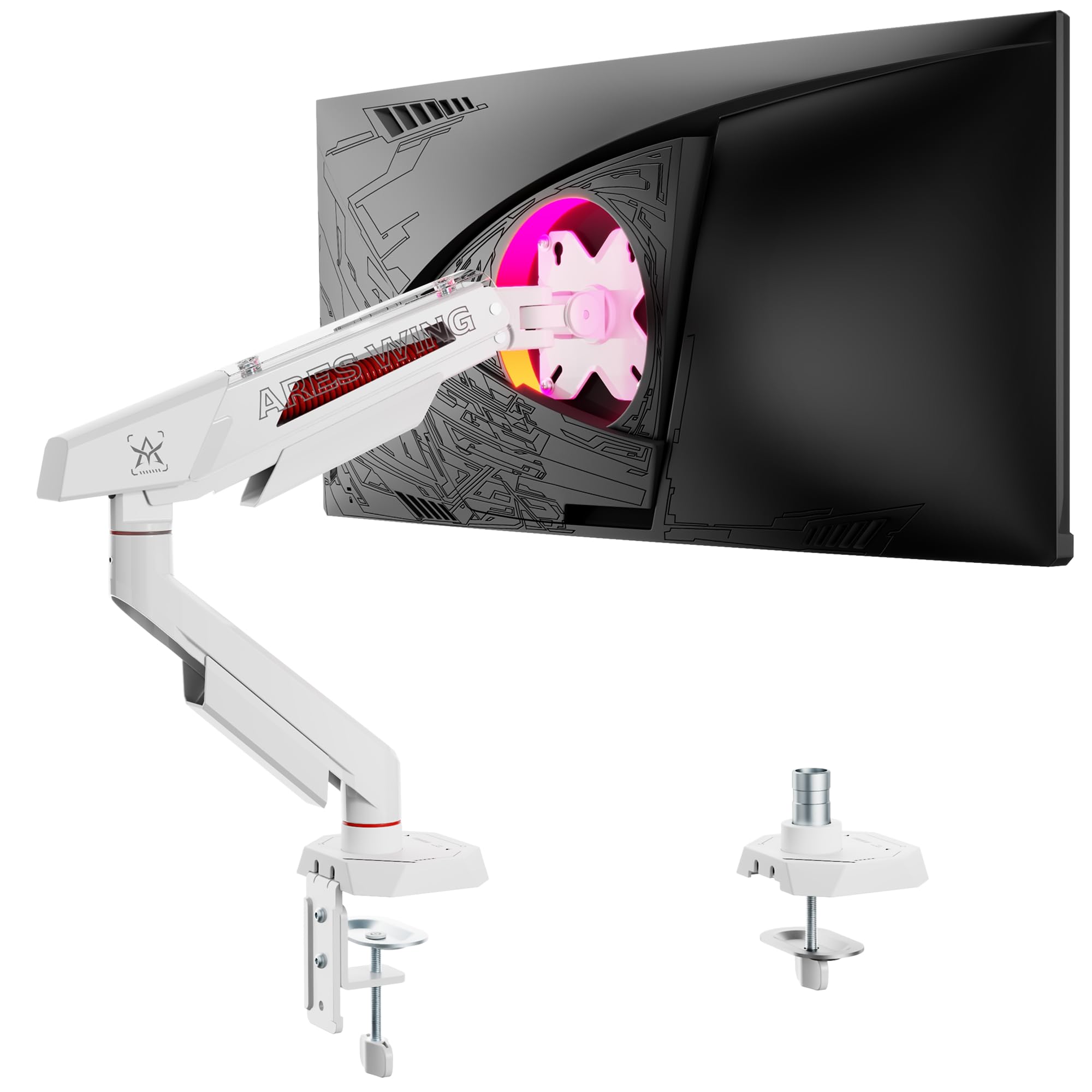 ARES WING Supporto per monitor da 17"-40", piatto/curvo, capacità di carico massimo 12 kg, altezza regolabile, 75/100 mm, supporto da tavolo, bianco