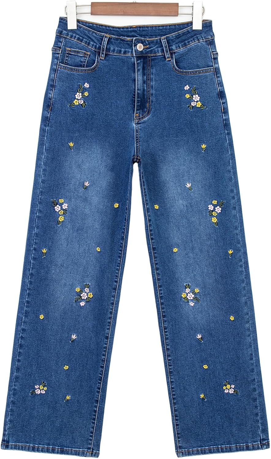 Sidefeel Women's Straight Leg Embroidered Jeans High Waisted Stretchy Wide Leg Denim Pants - Image 8