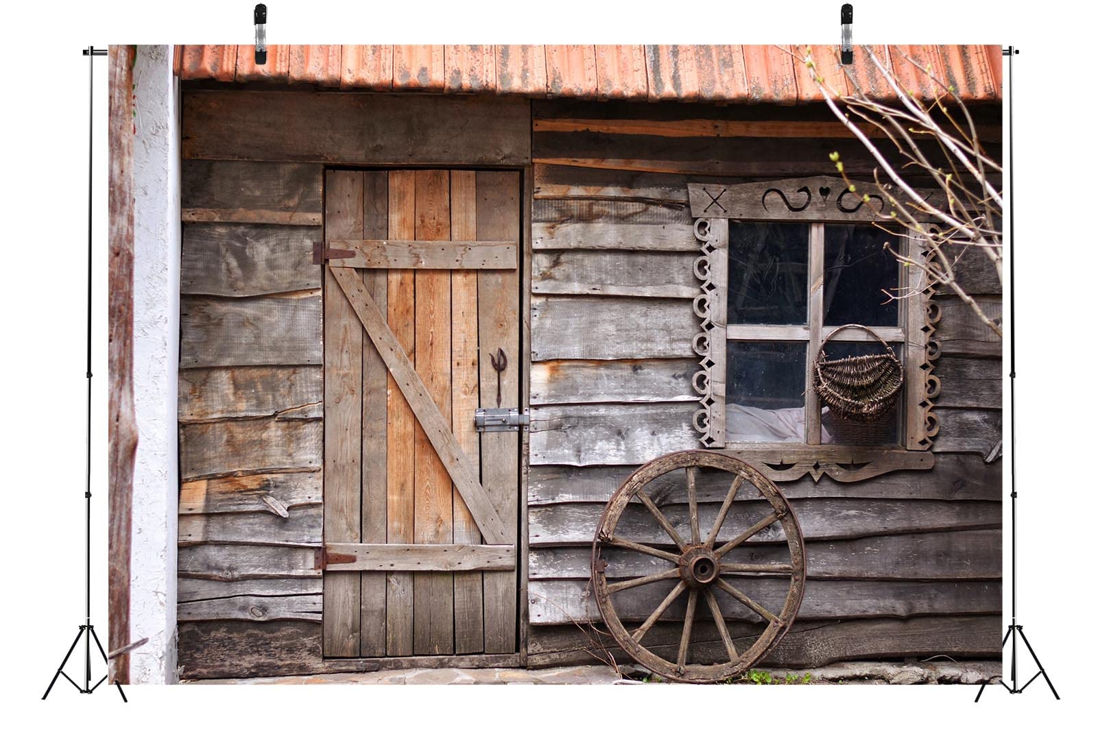 BELECO 6x3m Tessuto Vecchia Capanna Legno Sfondo Rustico Fienile Porta Finestra Legno Ruota Tema Western Country Cowboys Decorazione Festa Accessori