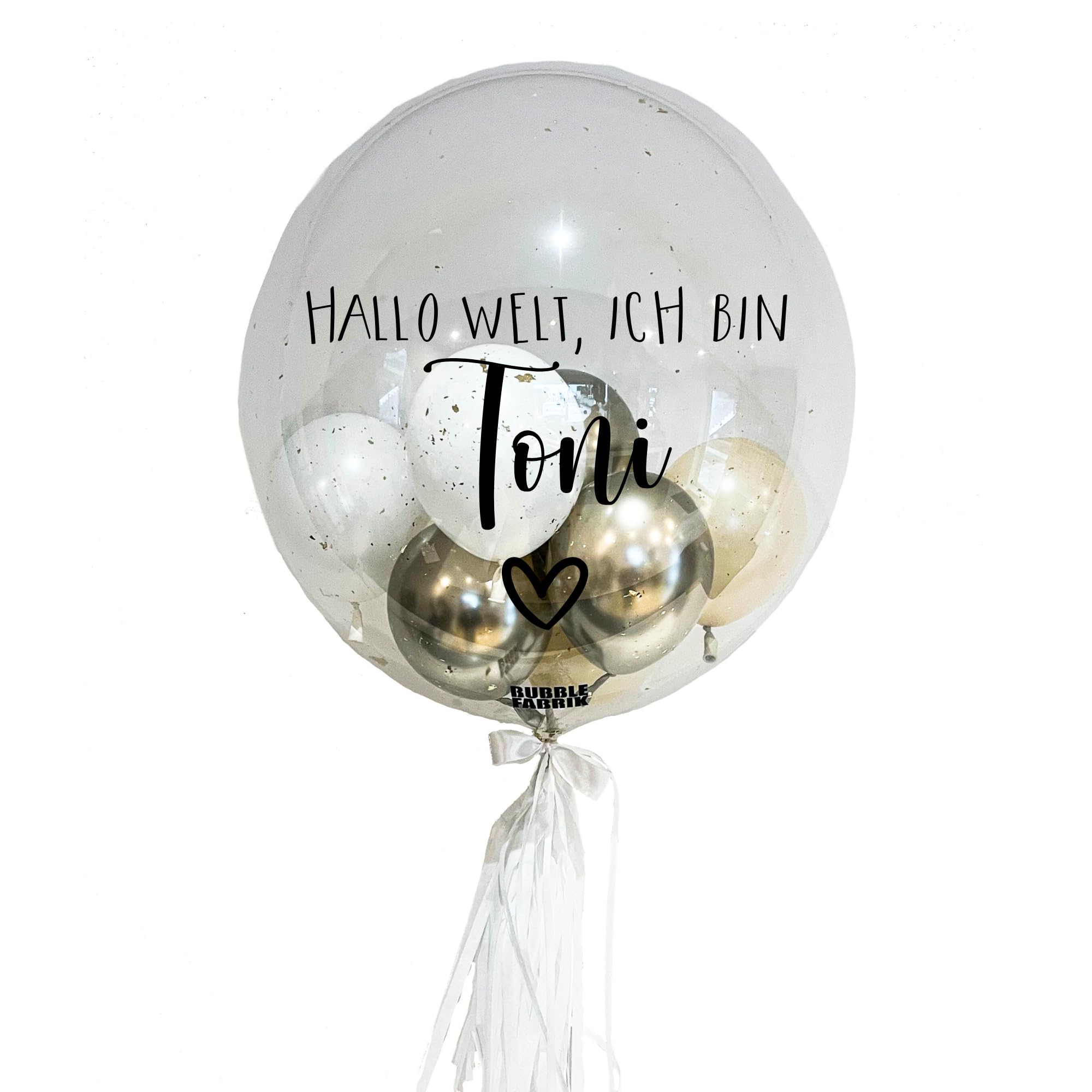 Hallo Welt - Bubble Fabrik - Personalisiertes Ballongeschenk: Durchsichtiger Heliumballon mit Bunten Ballons, Geschenk zu Geburt, Geschenkidee für Eltern