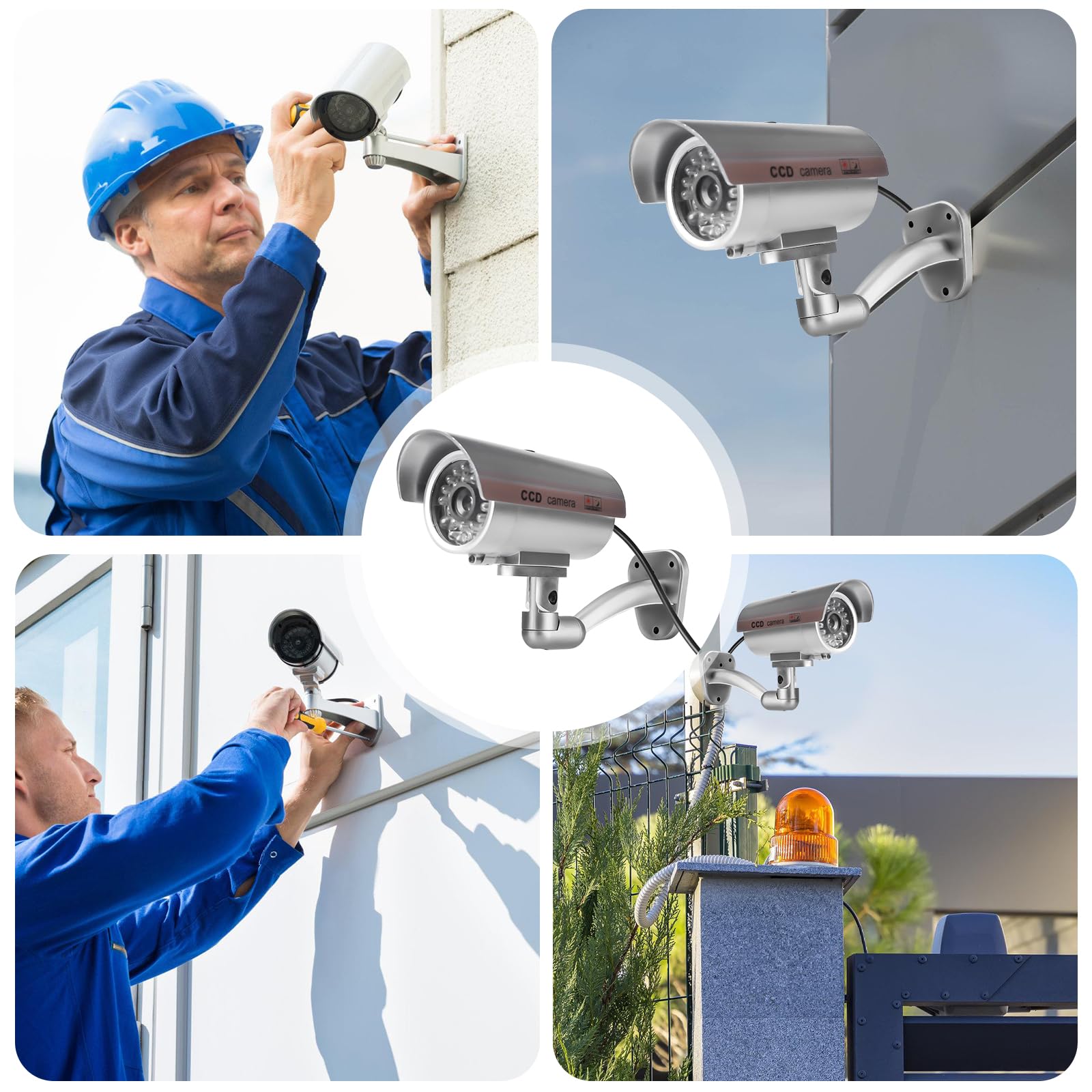Sporgo 2 pezzi telecamera di sorveglianza: Dummy telecamera di sorveglianza esterna con luce a LED rossa lampeggiante, atrappe telecamera di sorveglianza finta fotocamera di sicurezza per interni ed