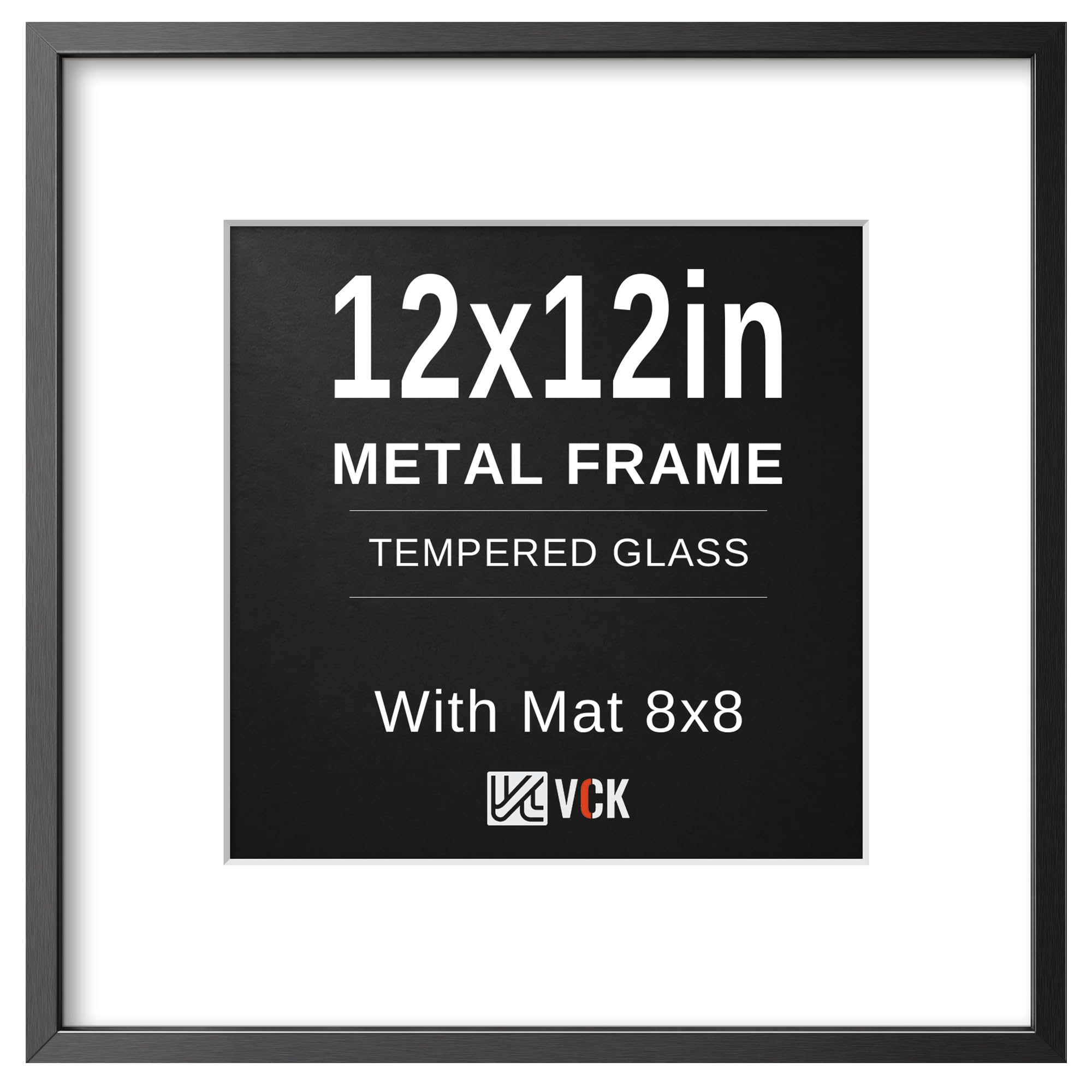 VCK 12x12 Frame Black Metal, Real Glass, 8x8 Mat, for Picture Print