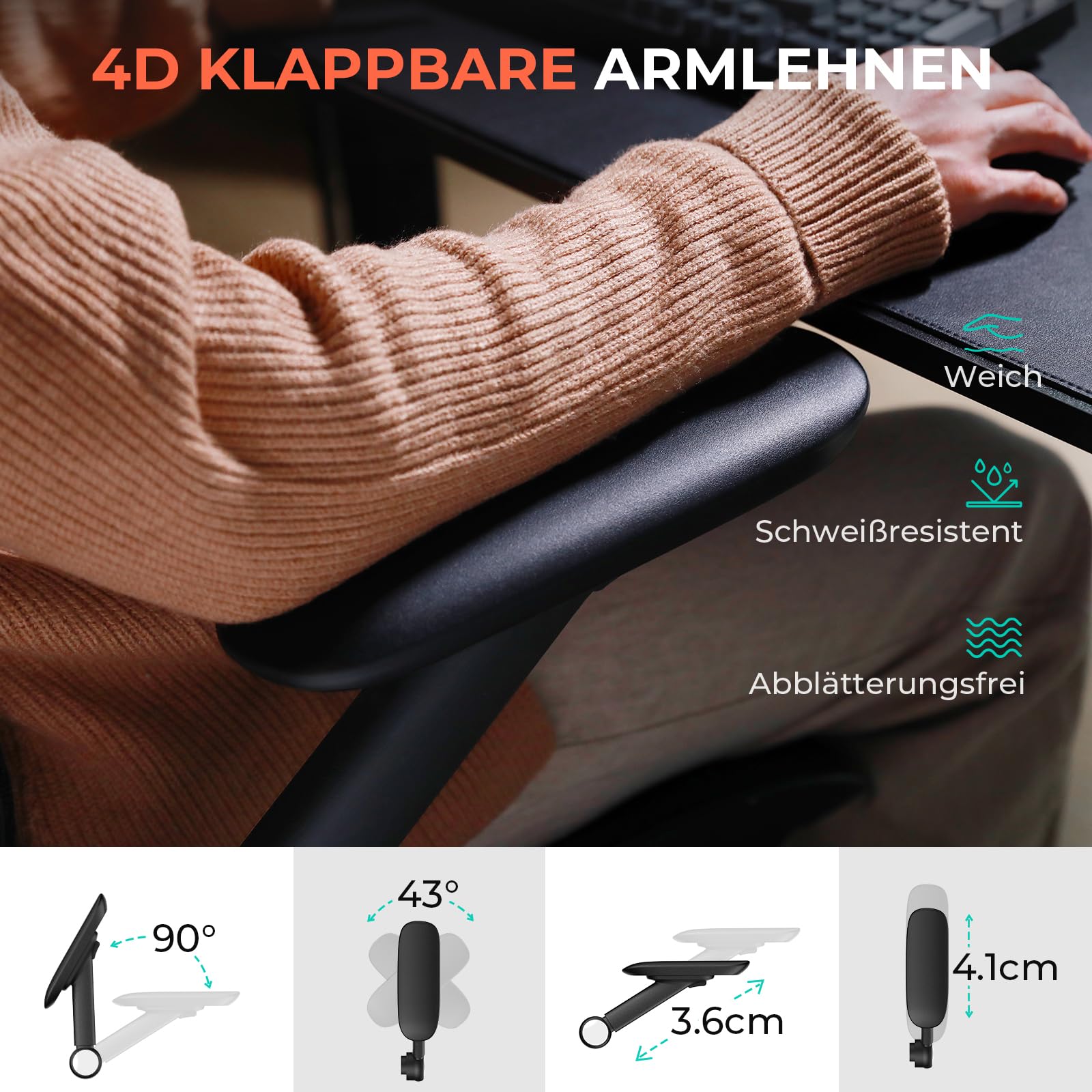 CAPOT Ergonomischer Bürostuhl aus Netzstoff, Verstellbarer Schreibtischstuhl mit hoher Rückenlehne, 180 kg, 4D-Klapparme, 3-stufige Neigungslehne, 3D-Kopfstütze, PU-Räder, drehbarer Computerstuhl für
