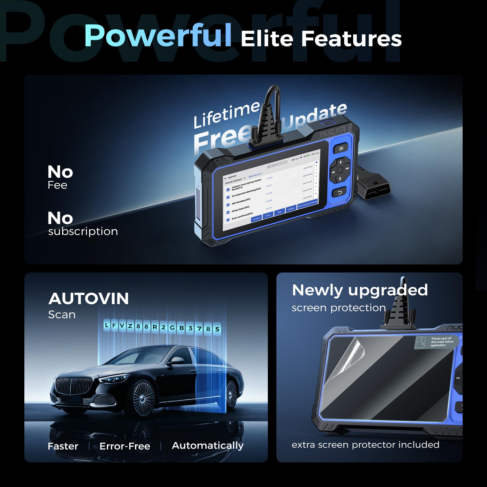 Scanner bidirectionnel MUCAR 632 assisté IA OBD2, 15 réinitialisations ABS/SRS/INJEC/Huile/SAS/TPMS, Diagnostic 4 systèmes, Tests Actifs, AutoAuth, Can FD, AutoVIN, mises à Jour gratuites à Vie
