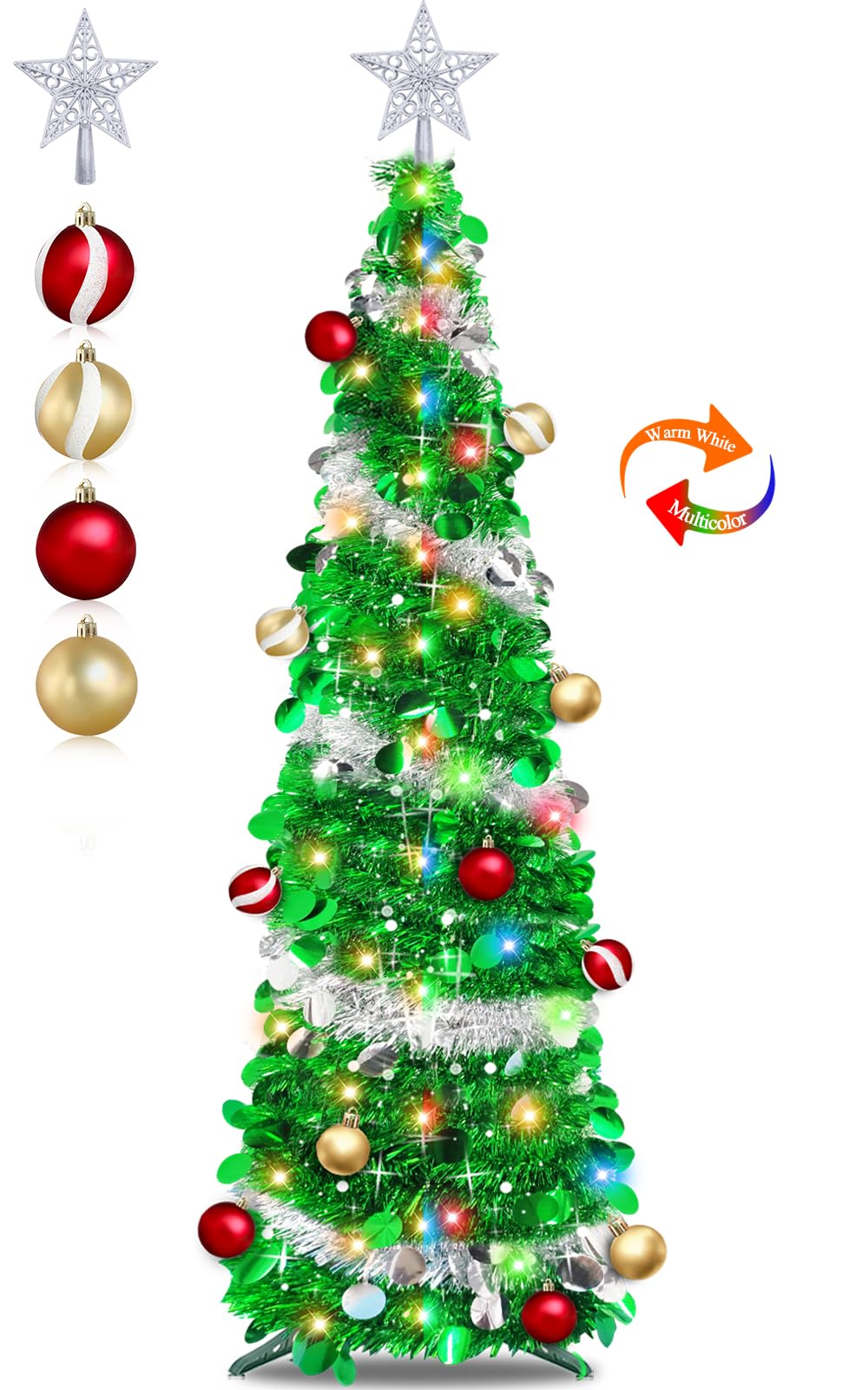 5 Ft Pop Up Christmas Tree with Lights Timer, Collapsible Tinsel Christmas Tree with 50 Warm White&Color Changing Lights 8 Modes and Balls Ornaments 3D Star Sequins for Home Holiday Party Indoor Decor