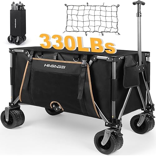Collapsible Wagon Cart Outdoor 8.48 Cubic Feet Folding Utility Wagon 330 lbs Capacity Heavy Duty Beach Wagon with Big Wheels for Camping Beach Garden