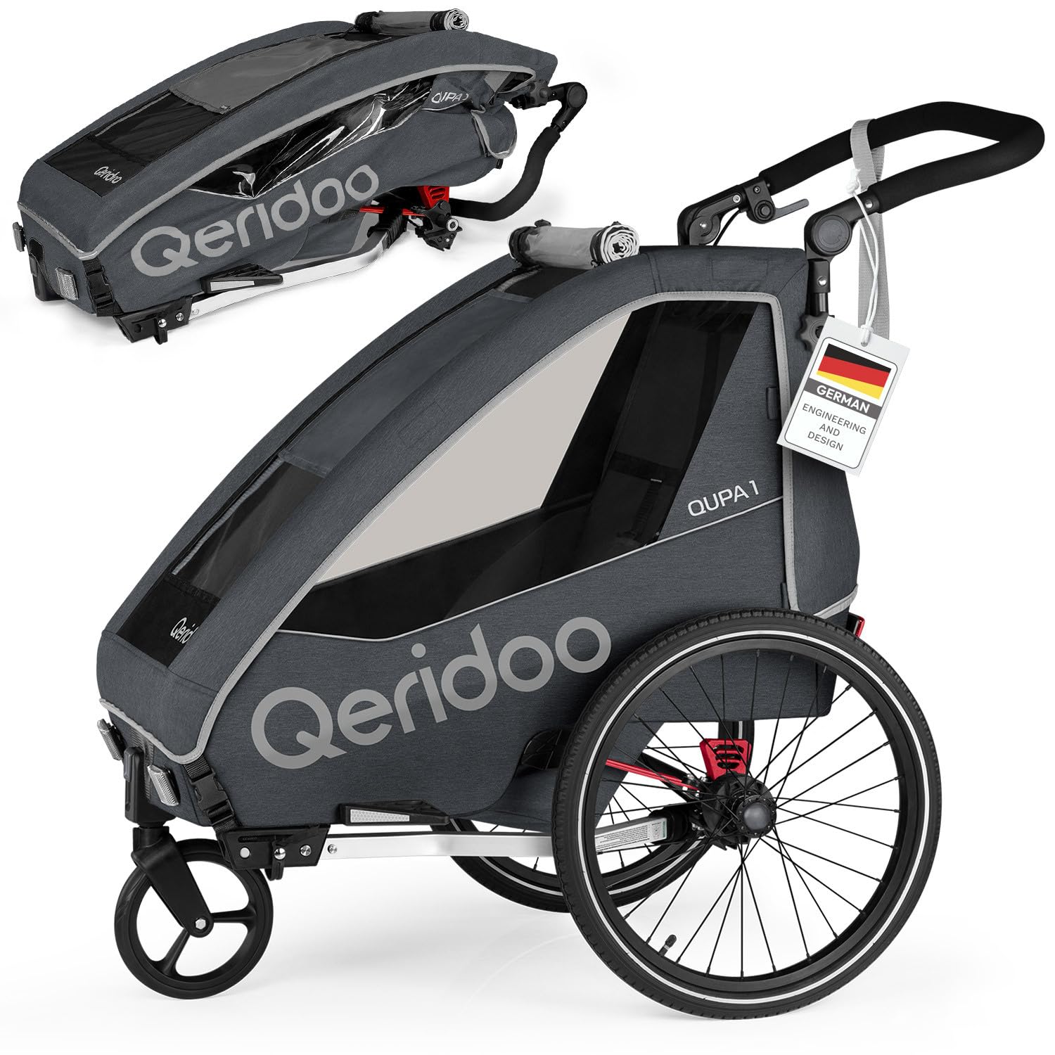 Remorques de vélo de Marque QERIDOO Modèle Kinderfahrradanhänger & Buggy QUPA 1 für 1 Kind mit Kupplung, Blattfeder-Dämpfsystem (BIS 50 kg) - Gris