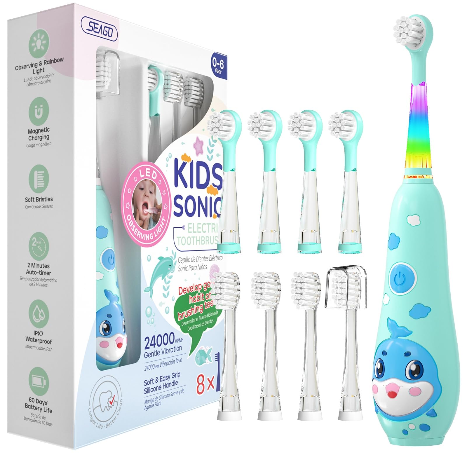Seago recharge brosse a dent electrique enfant, brosse a dent bebe avec lumière LED 8 têtes, 60 jours d'utilisation, minuteur et étanche IPX7, pour 2 ans à 6 ans, SG2139 (Bleu)