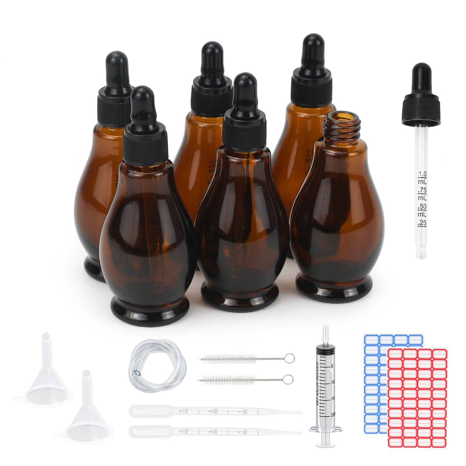 50ml Glass Dropper Bottles, 6 Pack Pear Shaped Amber Glass Bottle with Dropper Pipettes Refillable Sample Dropper Bottle for Essential Oil Massage Aromatherapy Eye Drops (Amber 50ml)