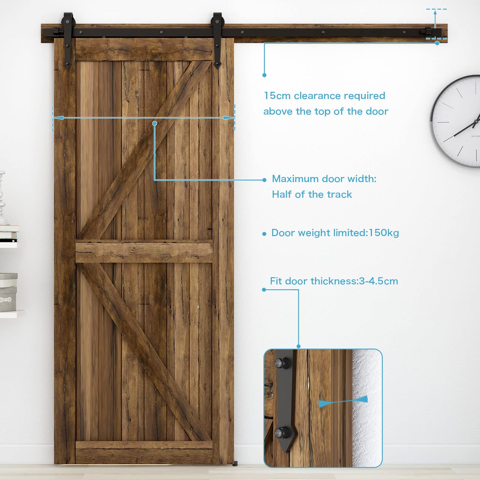 Binario Per Porta Scorrevole 6,6FT/201cm - Kit Completo Nero, Per Porte Fino A 100kg, Facile Installazione - Foto 11
