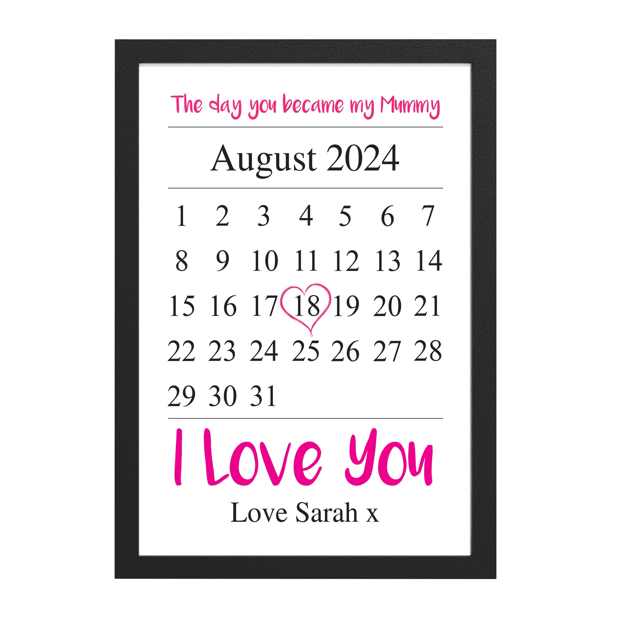 Beecreative Day You Became My Mummy - Personalised Mummy Gifts for Mum Nan Nanny Granny - Personalised Birthday, Christmas, Mothers Day Gifts - Black or White Framed A5, A4, A3 Prints