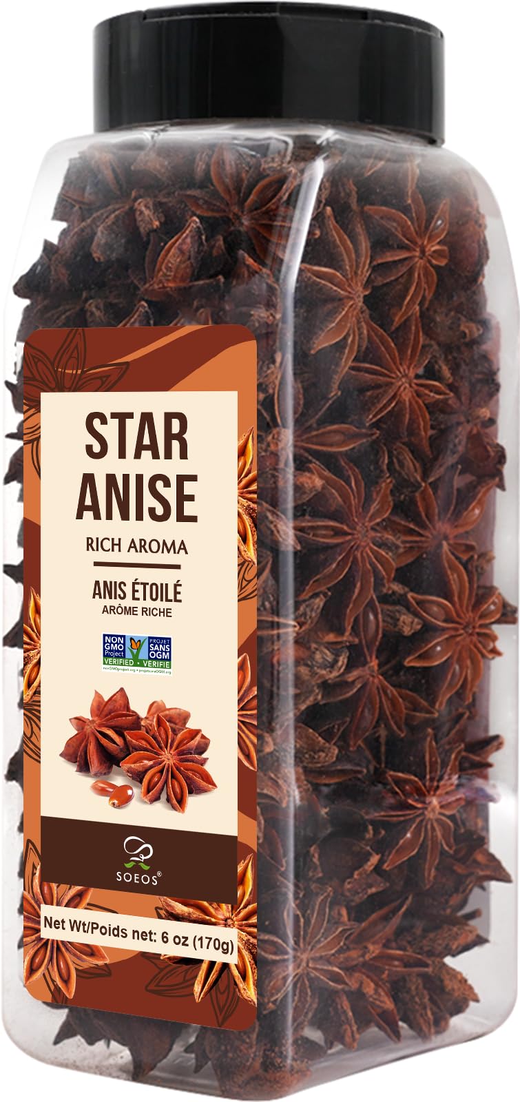 Soeos Star Anise Seeds 6oz (170g), Non-GMO Verified, Great for Baking and Tea, Anis Estrella, Whole Chinese Star Anise Pods, Dried Anise Star Spice