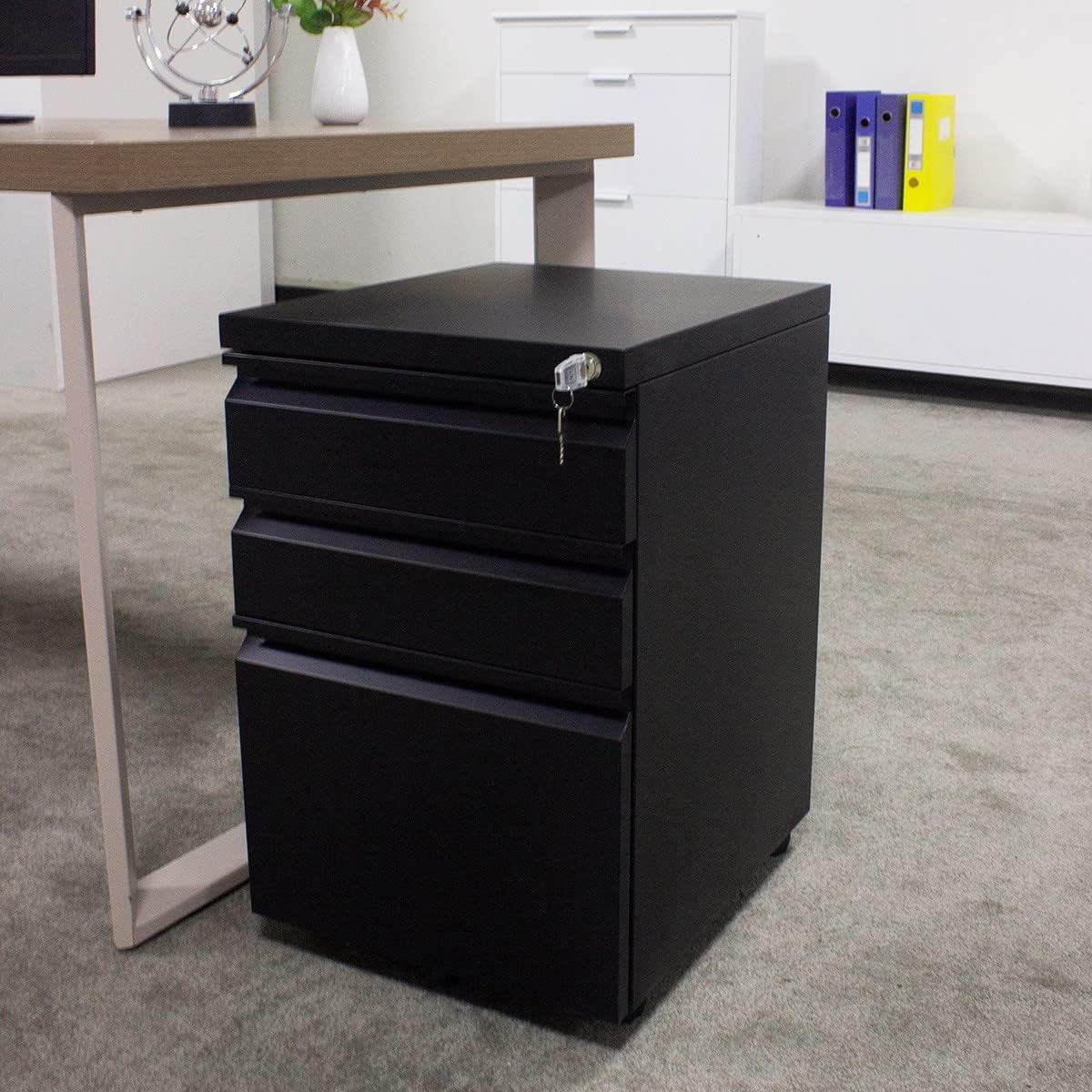 3 Drawer File with Lock, Steel Mobile Filing