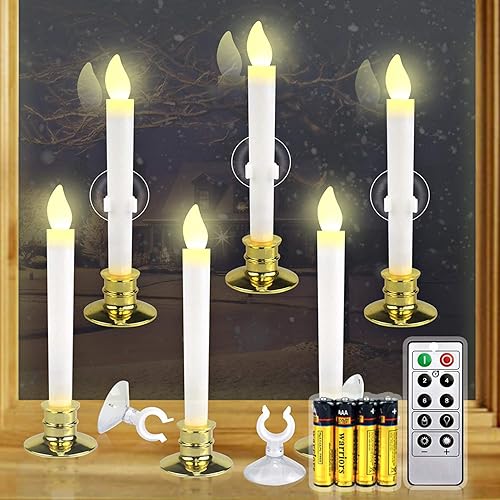 Juego de 6 velas de Navidad para ventana con temporizador, funciona con pilas, velas LED eléctricas sin llama para ventanas, portavelas dorados,