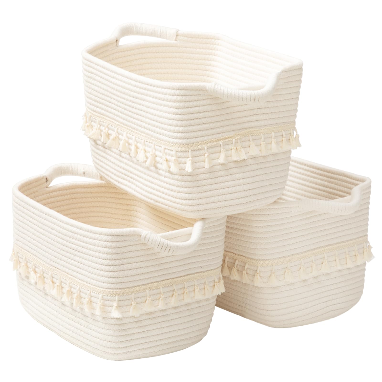 TeoKJWhite Cotton Rope Baskets for Storage, Set of 3 Woven Clothes Basket for Organizing and Storage, Blanket Basket for Living Room Laundry Bathroom Shelves