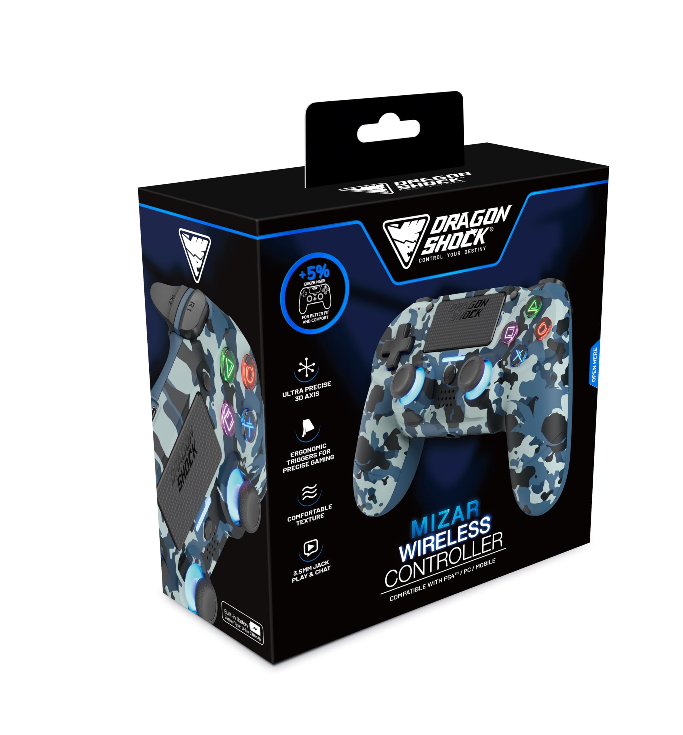 Mizar Manette Sans Fil pour PS4 – Contrôleur Bluetooth Compatible PC & PS3 – Double Vibration, Batterie Rechargeable – Camouflage Bleu