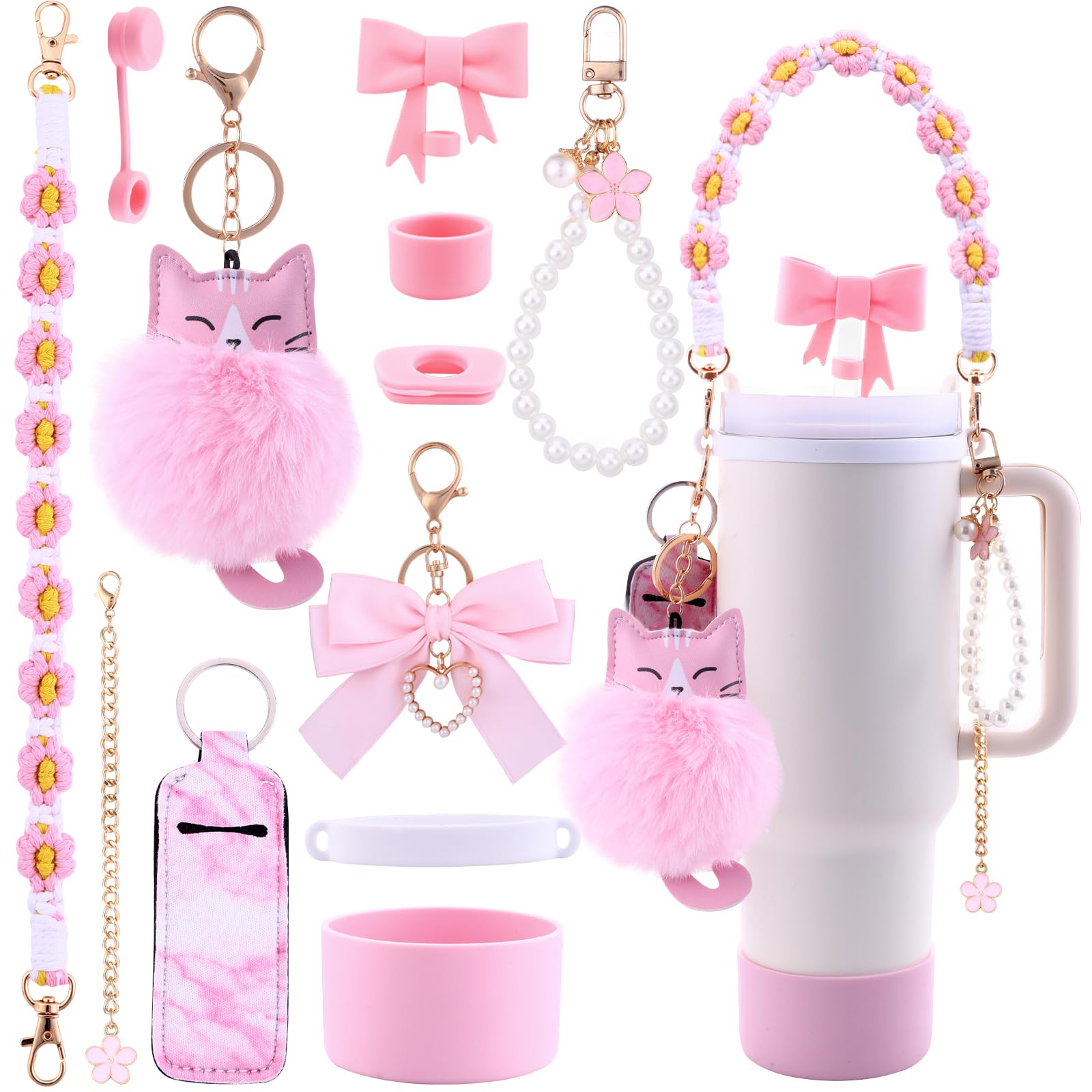 Vellibring 11PCS Stanley Cup Accessories Set for Stanley Cup 30oz 40oz Tumbler Including Water Bottle Handle Strap Silicone Cup Boot Spill Stopper Lipstick Holder Keychain Charms Straw Topper ?Pink?