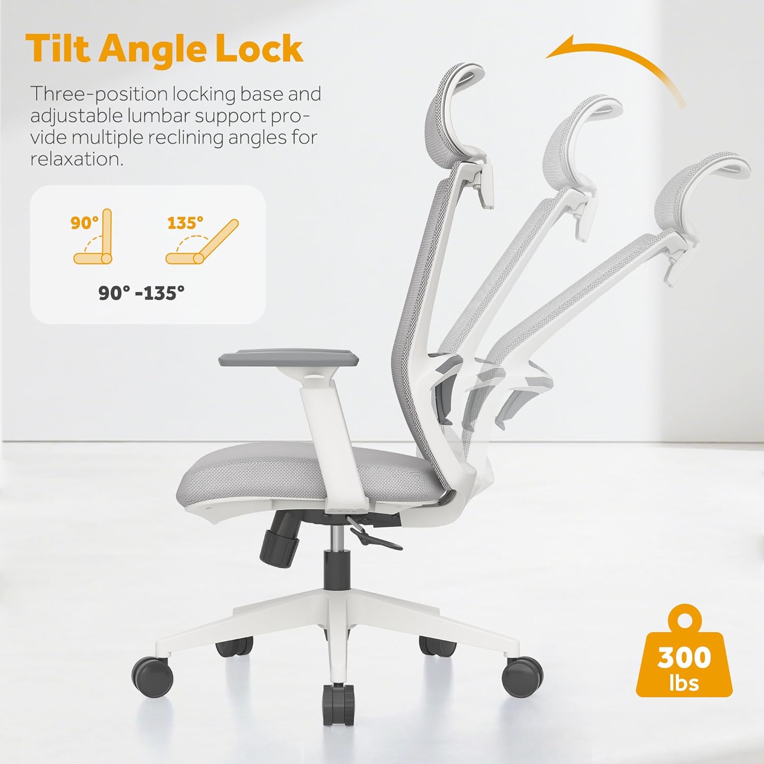 Ergonomic Office Chair, Mesh Back, 3-Position Tilt Lock, 280 lbs Capacity, Easy 10-Min Assembly, White