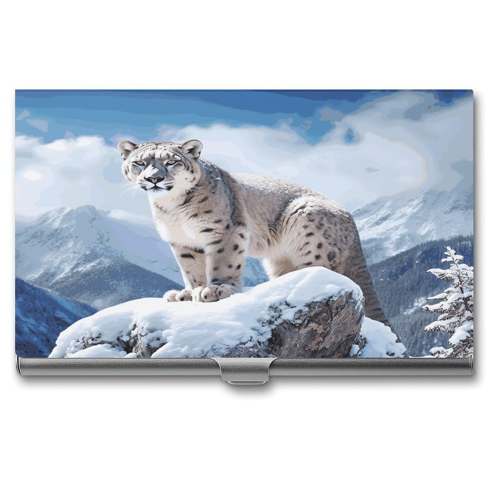 LDGSUPH Snow Leopard Mountain Business Card Holder Fashion Slim Name Card Holder Minimalist Design Case Metal Card Carrier Personalized Business Card Case with Flip for Men Women