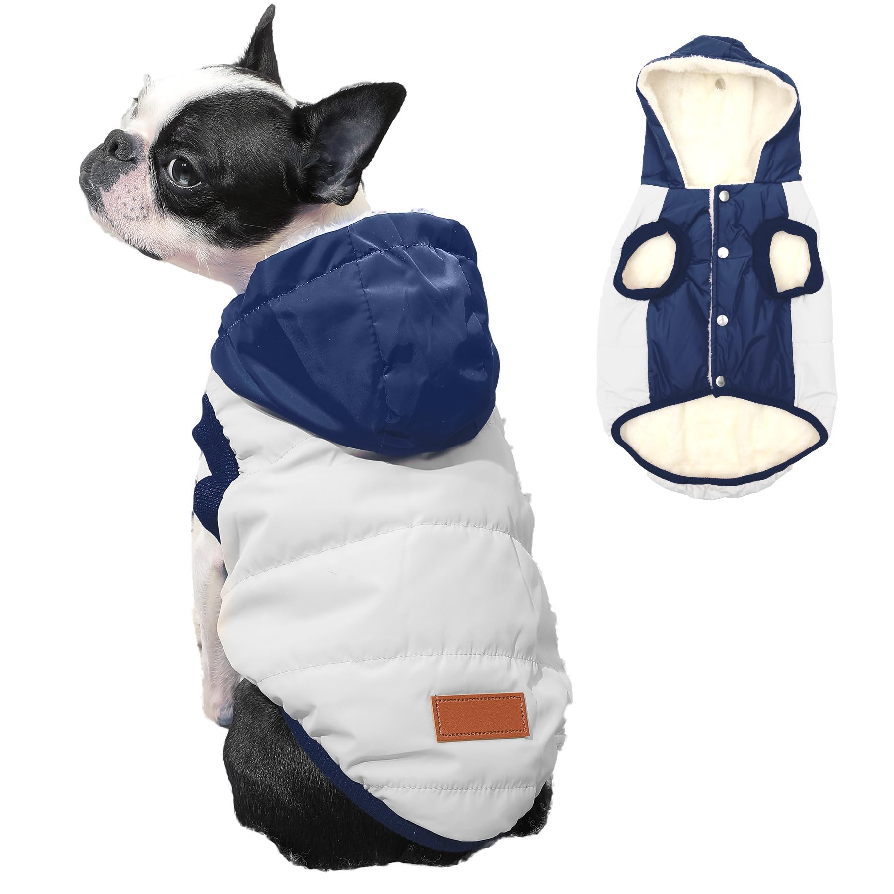 Vecomfy Fleece Lining Extra Warm Dog Hoodie in Winter,Small Dog Jacket Puppy Coats with Hooded,Beige and Blue XS