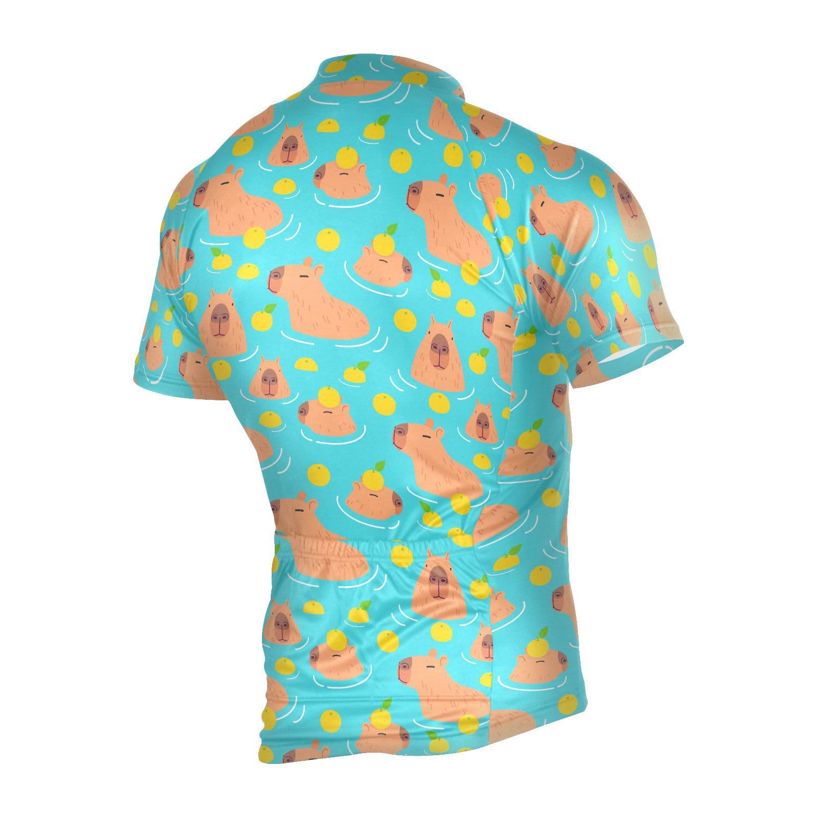 JHKKU Men's Cycling Jerseys Cute Capybara Short Sleeves Bike Shirt Breathable Quick Dry with 3 Rear Pockets S