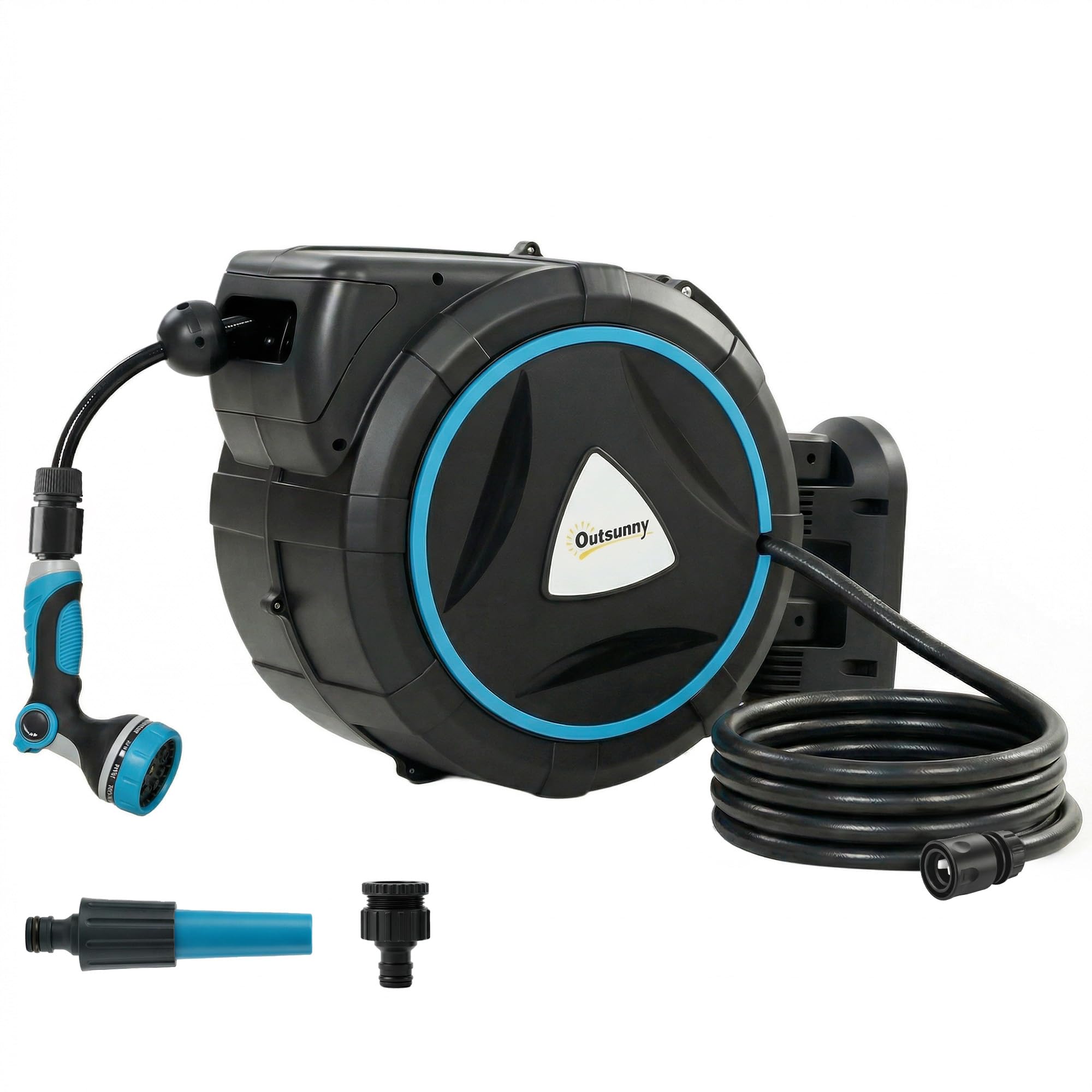 Outsunny Avvolgitore Tubo per irrigazione a parete automatico 23+2m 10+2 modalità blu | Pistola da irrigazione 10+2 modalità, soluzione di irrigazione retrattile e flessibile, giardino, pulizia auto