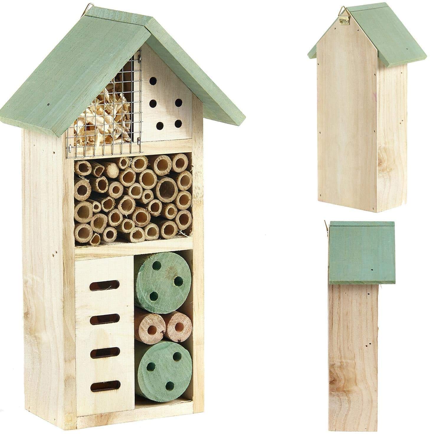 MantraRaj Natural Wooden Insect Bee House Nesting House Hotel - Bug Shelter Nest for Insects, Bees, Butterflies, Ladybugs Home and Garden Decor - Hanging or Free Standing