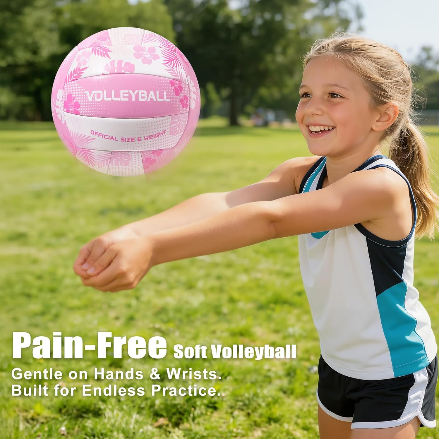 Soft Touch Volleyball Official Size 5, PU Leather Training Ball for Girls Beginners Kids Youth, Printed Indoor Outdoor Practice Volleyball with Pump & Mesh Bag for School Gym & Backyard