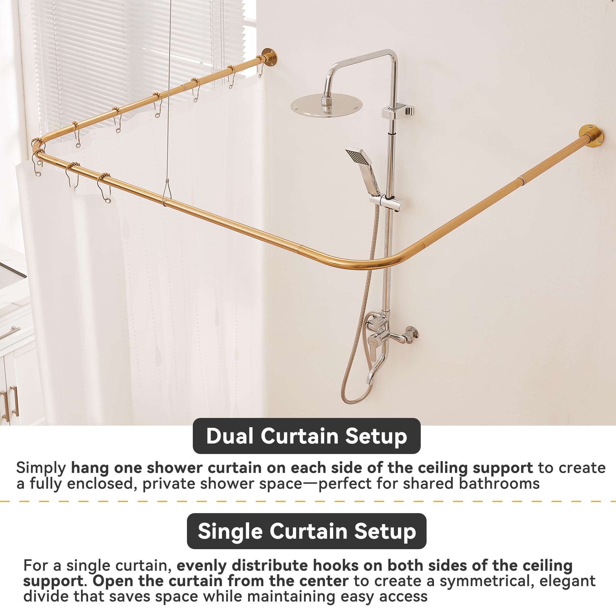 Barre de Douche Angulaire en Forme de U, Ajustable [Côtés: 61-132 cm, Centre: 79-119 cm], pour Baignoire, Douche et Extérieur avec 12 Crochets et Support de Plafond