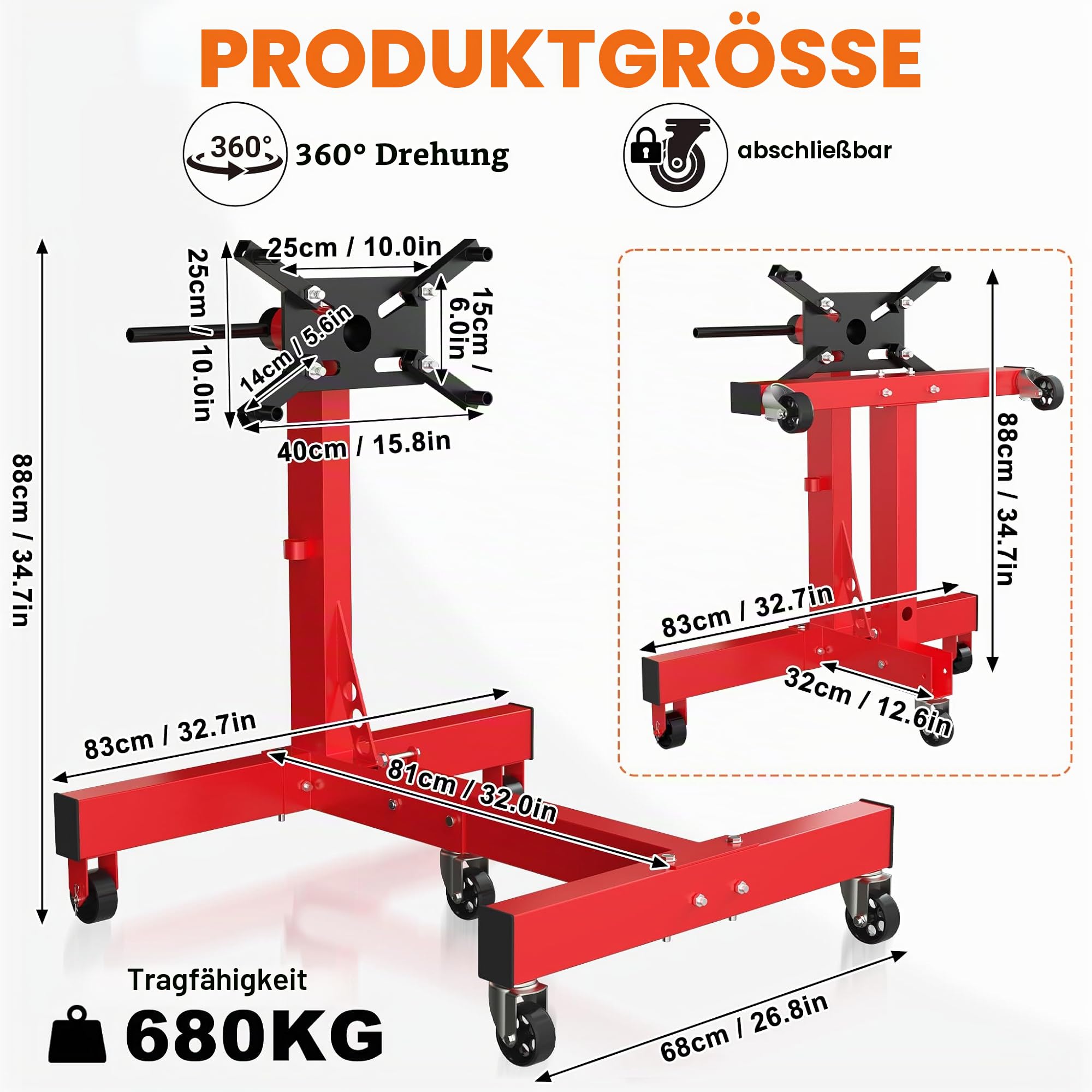 UISEBRT Motorständer kfz bis zu 680kg,klappbar Motorheber mit 360° drehbarem Kopf und 4 verstellbaren Armen,Motorhalter Getriebehalter mit 5 Rollen & rutschfestem Griff für Garagen & Werkstätten