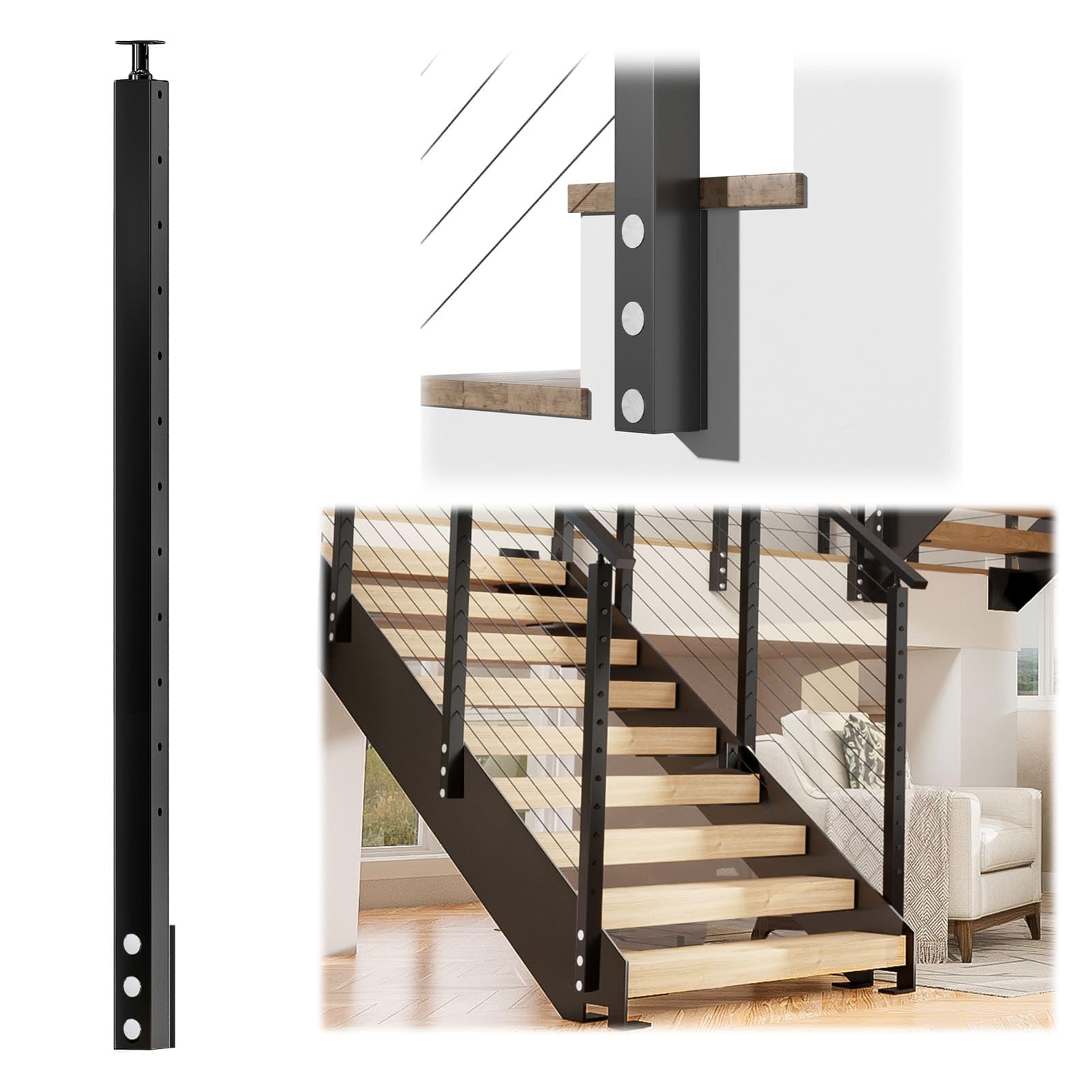 Photo 1 of Muzata Black Side Mount Stair Cable Railing Post 42 Inch for 25-35 Degrees Stair 42"x2"x2" Patent Design for Both Left&Right Side Cable Railing System Kit Indoor Outdoor PF01 BB4L